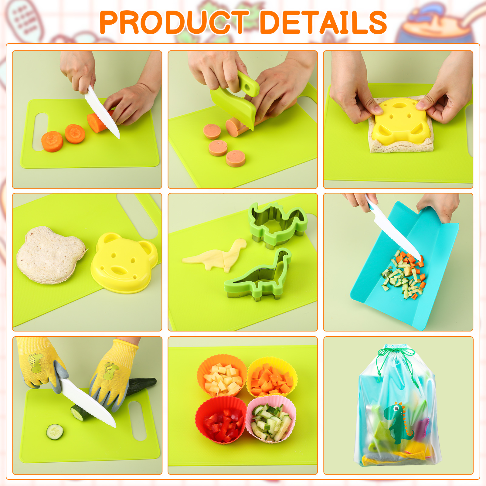 Armscye 20 Pcs Kids Knife Set for Real Cooking, Plastic Kitchen Tools, Toddler Safe Knife Set with Cutting Board Gloves Apron for Age 2-7 Year Old Girl Boy