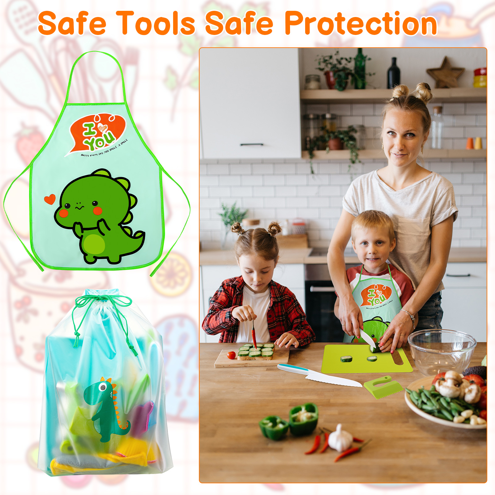 Armscye 20 Pcs Kids Knife Set for Real Cooking, Plastic Kitchen Tools, Toddler Safe Knife Set with Cutting Board Gloves Apron for Age 2-7 Year Old Girl Boy