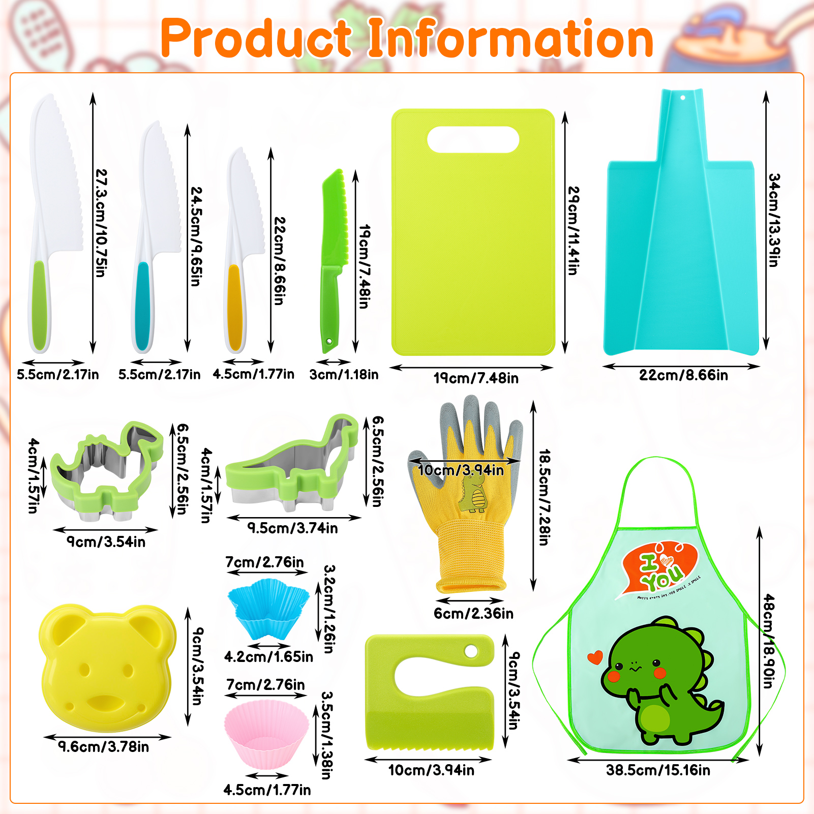 Armscye 20 Pcs Kids Knife Set for Real Cooking, Plastic Kitchen Tools, Toddler Safe Knife Set with Cutting Board Gloves Apron for Age 2-7 Year Old Girl Boy