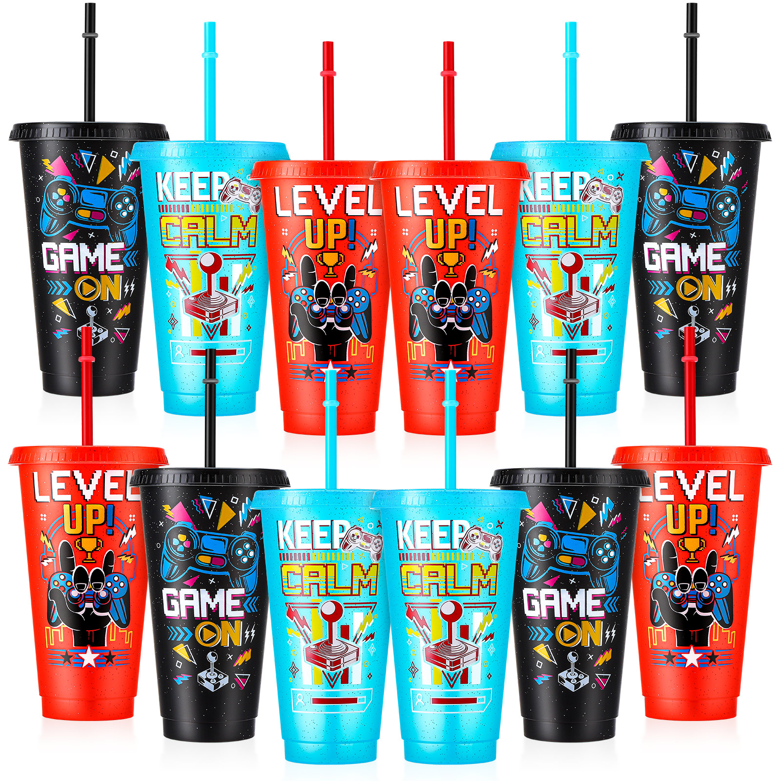 Armscye 12 Pcs Video Game Party Favor Plastic Tumblers, 24 oz Plastic Tumblers with Lids and Straws, Reusable Video Gaming Cups for Classroom, Birthday, Gamer Party Favor Filler Supplies