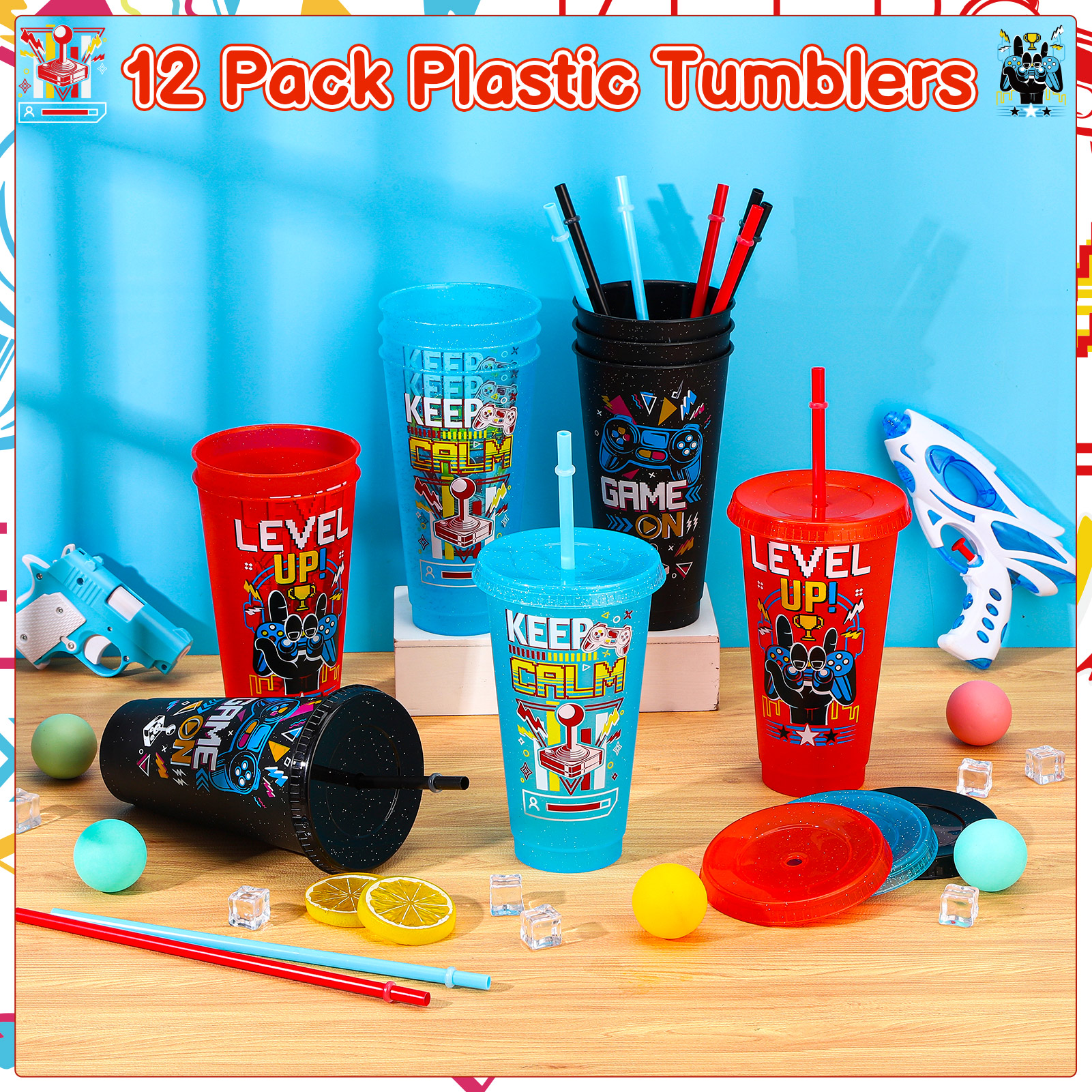 Armscye 12 Pcs Video Game Party Favor Plastic Tumblers, 24 oz Plastic Tumblers with Lids and Straws, Reusable Video Gaming Cups for Classroom, Birthday, Gamer Party Favor Filler Supplies