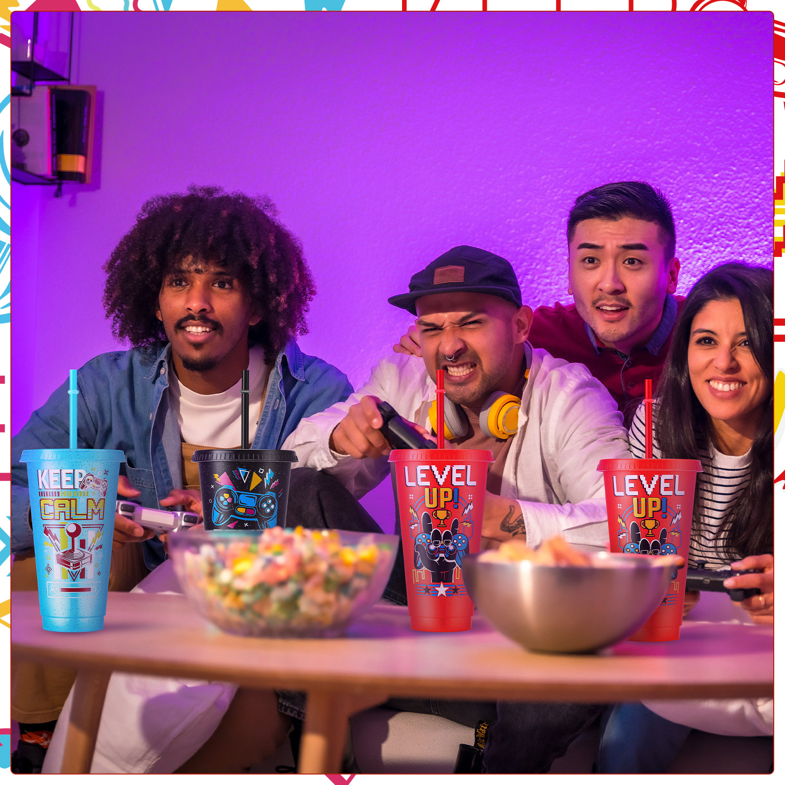 Armscye 12 Pcs Video Game Party Favor Plastic Tumblers, 24 oz Plastic Tumblers with Lids and Straws, Reusable Video Gaming Cups for Classroom, Birthday, Gamer Party Favor Filler Supplies