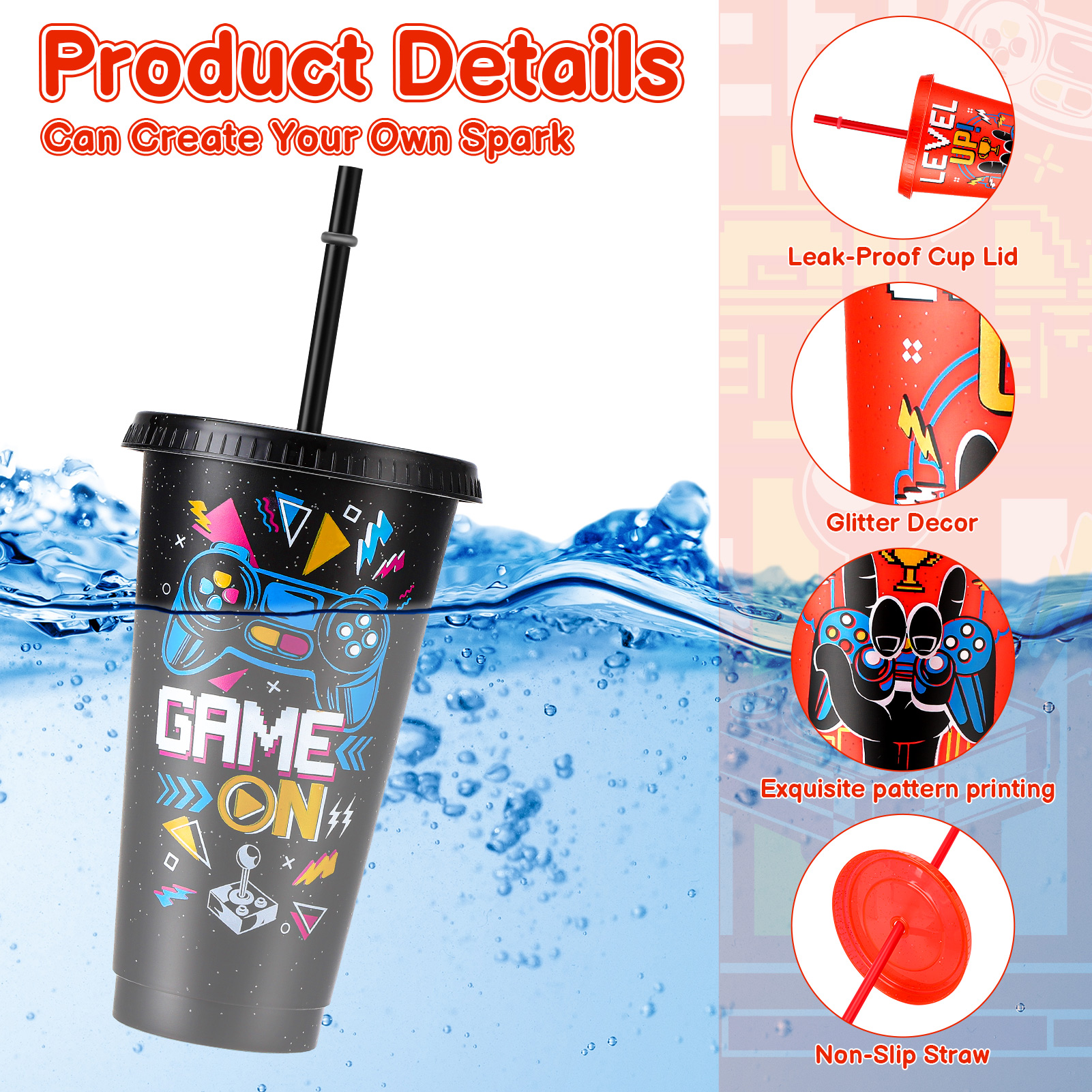 Armscye 12 Pcs Video Game Party Favor Plastic Tumblers, 24 oz Plastic Tumblers with Lids and Straws, Reusable Video Gaming Cups for Classroom, Birthday, Gamer Party Favor Filler Supplies