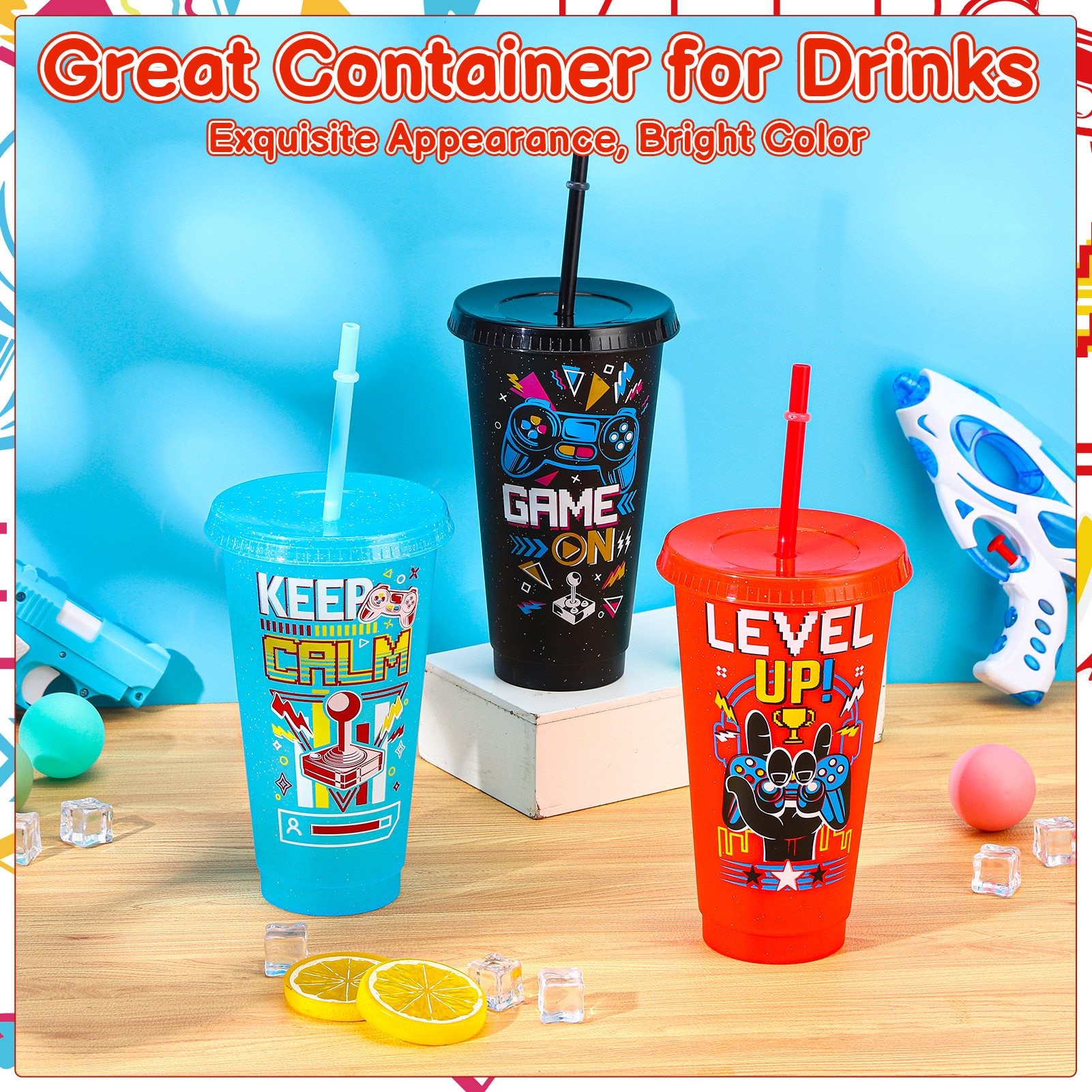Armscye 12 Pcs Video Game Party Favor Plastic Tumblers, 24 oz Plastic Tumblers with Lids and Straws, Reusable Video Gaming Cups for Classroom, Birthday, Gamer Party Favor Filler Supplies