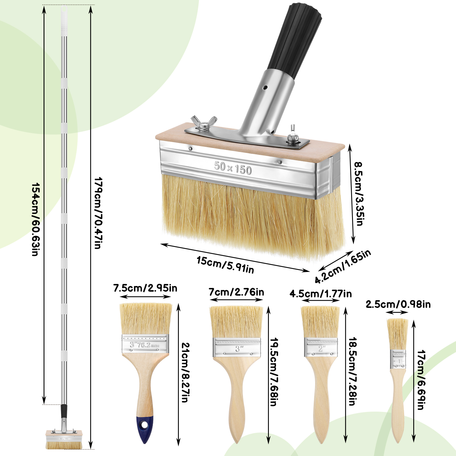 Armscye 6 Pcs Deck Stain Brush Set, Deck Stain Applicator with 60" Long Handle for Woodstains, Oils, Deck Coatings, Fence Wall Furniture