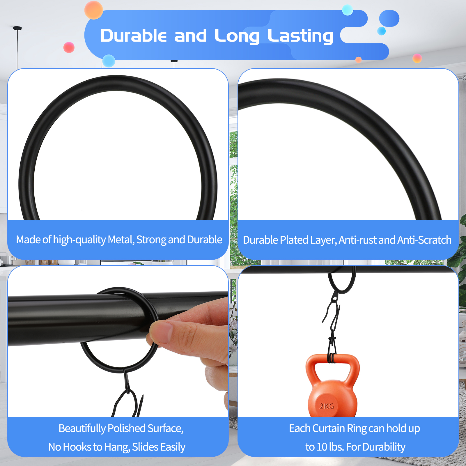 Armscye 44 Pack Metal Drapery Curtain Rings, 1.75 Inch Inner Diameter, Heavy Duty Rustproof Metal Drapery Rings with Pinch Pleat Curtain Hooks, Decorative Clips Rings Fits Up to 1.5" Rods