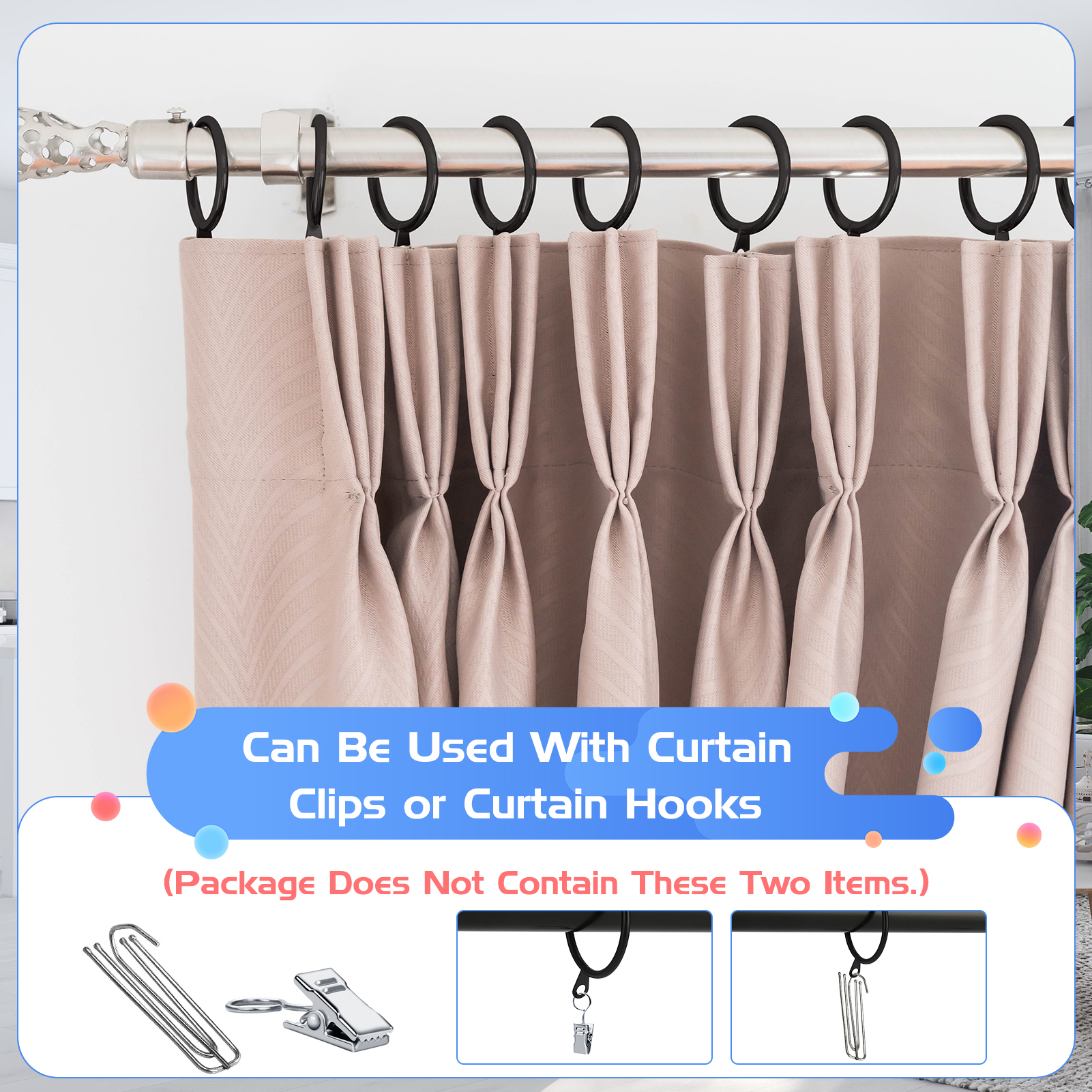 Armscye 44 Pack Metal Drapery Curtain Rings, 1.75 Inch Inner Diameter, Heavy Duty Rustproof Metal Drapery Rings with Pinch Pleat Curtain Hooks, Decorative Clips Rings Fits Up to 1.5" Rods