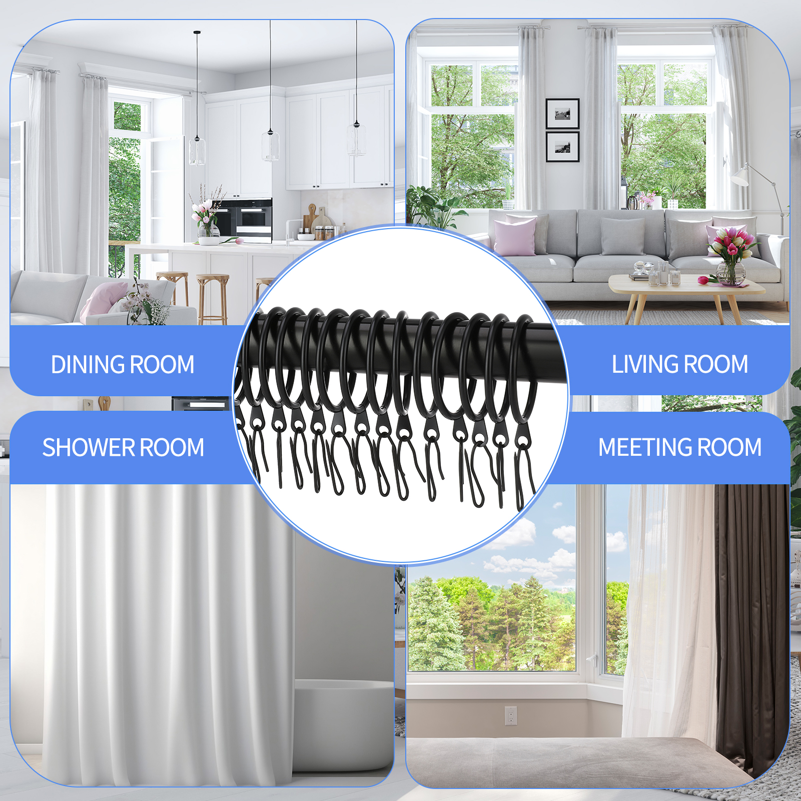 Armscye 44 Pack Metal Drapery Curtain Rings, 1.75 Inch Inner Diameter, Heavy Duty Rustproof Metal Drapery Rings with Pinch Pleat Curtain Hooks, Decorative Clips Rings Fits Up to 1.5" Rods