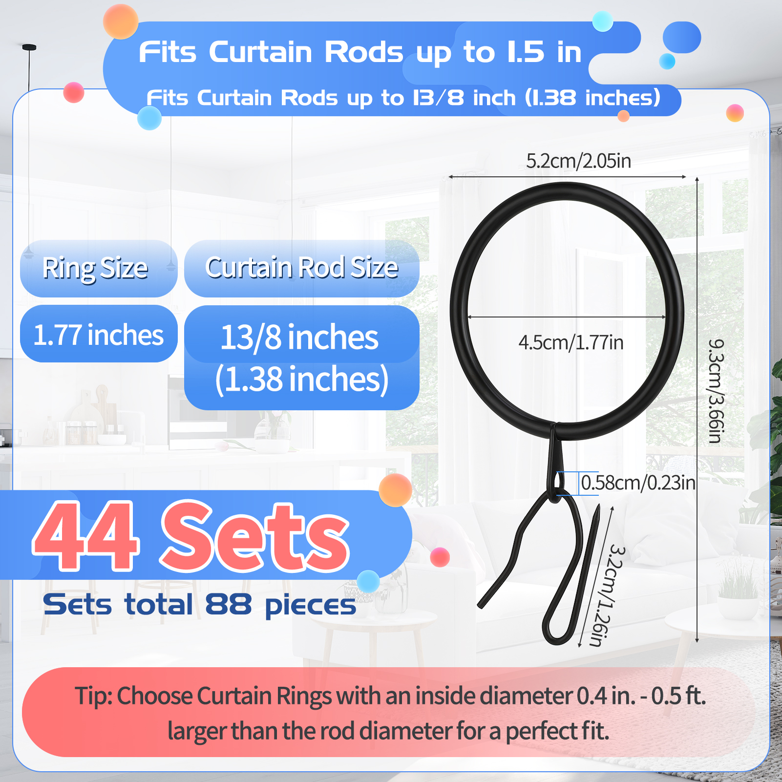 Armscye 44 Pack Metal Drapery Curtain Rings, 1.75 Inch Inner Diameter, Heavy Duty Rustproof Metal Drapery Rings with Pinch Pleat Curtain Hooks, Decorative Clips Rings Fits Up to 1.5" Rods