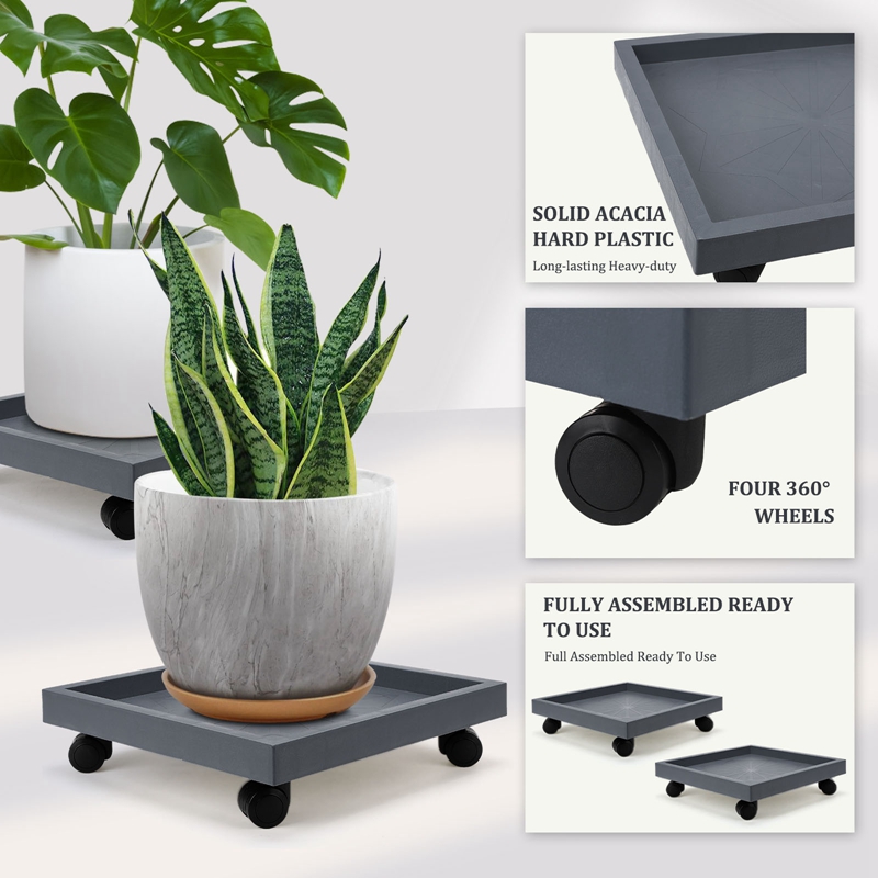 topjuju 2 Pcs Square Plant Caddies, 14 Inch Planter Stand with Wheels, Heavy Duty Coaster Roller Base Tray with Casters, Flower Pot Holder for Indoor Outdoor