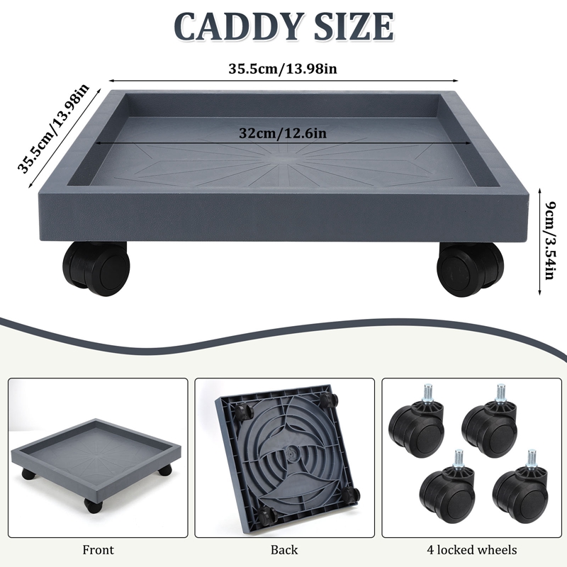 topjuju 2 Pcs Square Plant Caddies, 14 Inch Planter Stand with Wheels, Heavy Duty Coaster Roller Base Tray with Casters, Flower Pot Holder for Indoor Outdoor