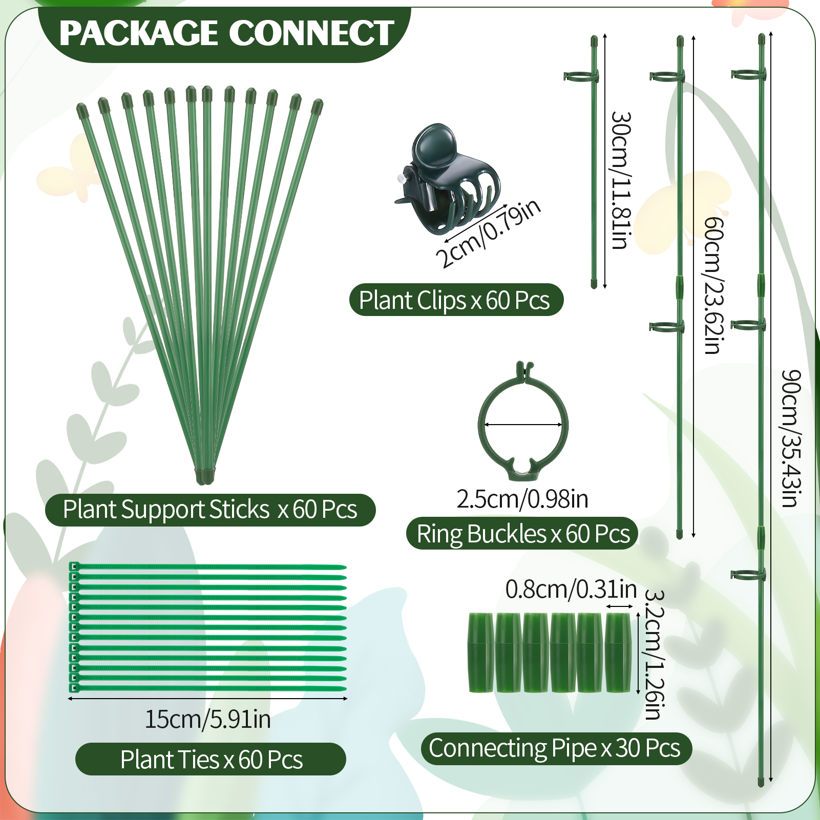 topjuju 270 Pcs Plant Stakes and Supports Kit, Included 60 Pcs Garden Single Stem Plant Stick, Clips, Connect Pipe and Plant Ties for Indoor Outdoor Orchid Peppers Tomato