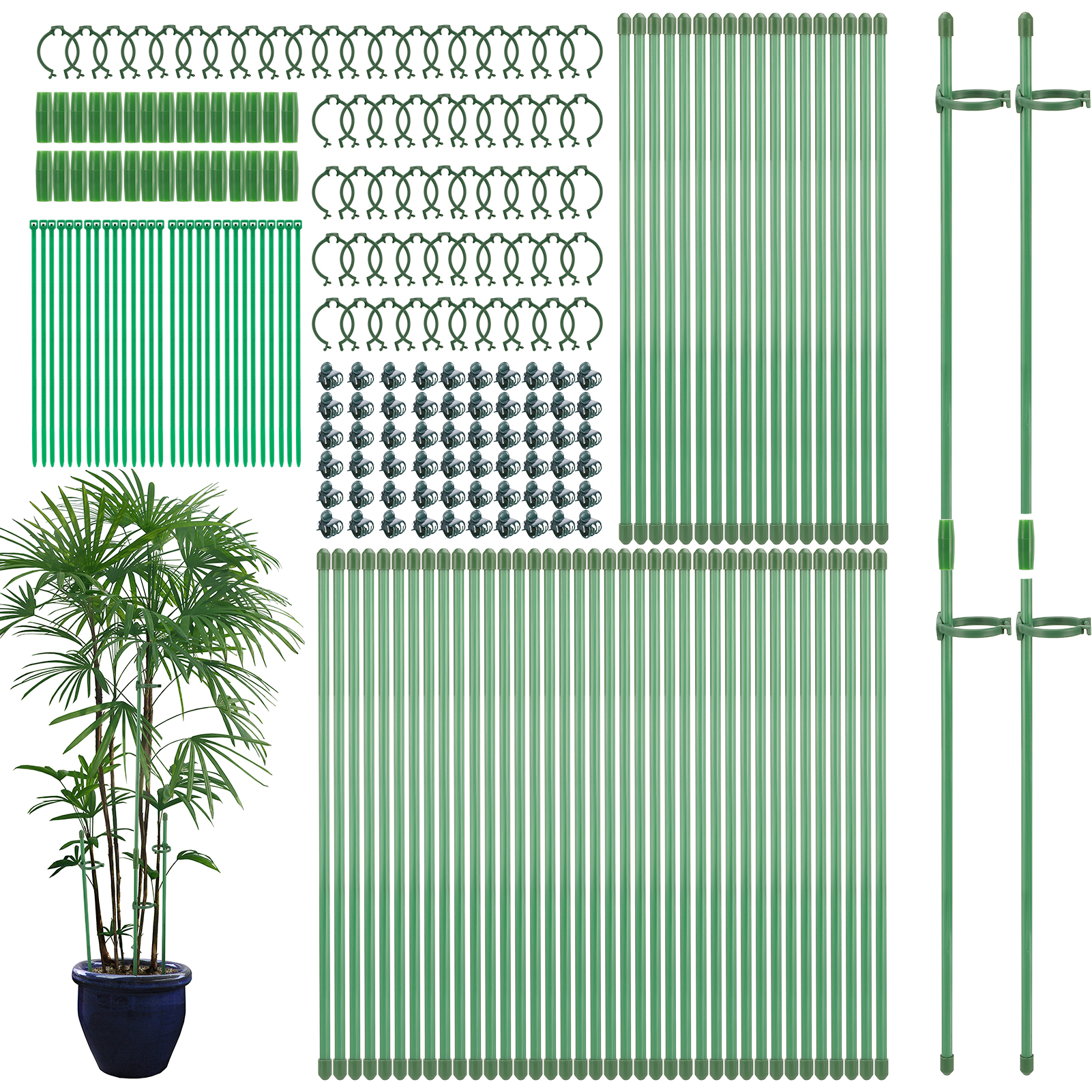 topjuju 270 Pcs Plant Stakes and Supports Kit, Included 60 Pcs Garden Single Stem Plant Stick, Clips, Connect Pipe and Plant Ties for Indoor Outdoor Orchid Peppers Tomato