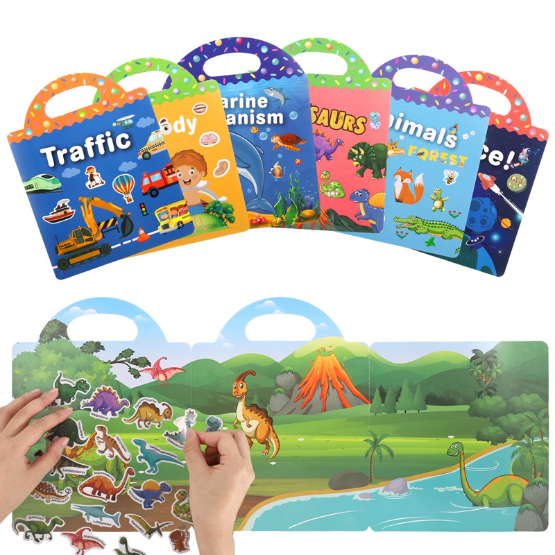 Armscye 6 Set Puffy Sticker Books for Kids 2-4, 3D Reusable Stickers Books for Toddlers 1 2 3 4, Animal+Dinosaurs+Ocean World+Space+Vehicle+Human body structure