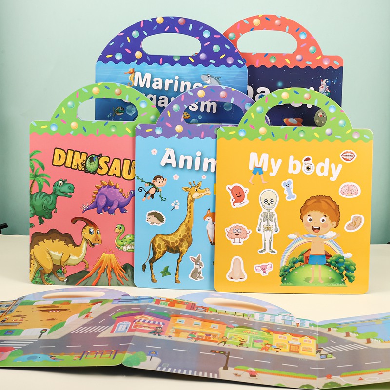 Armscye 6 Set Puffy Sticker Books for Kids 2-4, 3D Reusable Stickers Books for Toddlers 1 2 3 4, Animal+Dinosaurs+Ocean World+Space+Vehicle+Human body structure