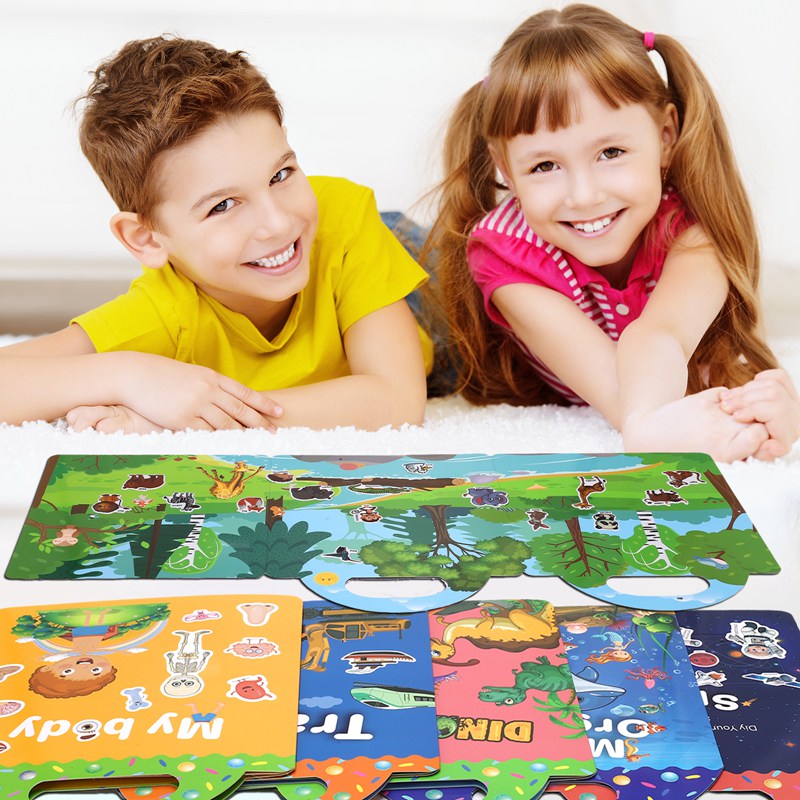 Armscye 6 Set Puffy Sticker Books for Kids 2-4, 3D Reusable Stickers Books for Toddlers 1 2 3 4, Animal+Dinosaurs+Ocean World+Space+Vehicle+Human body structure