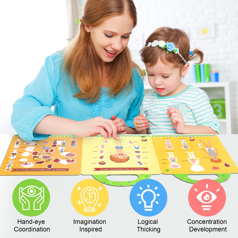 Armscye 6 Set Puffy Sticker Books for Kids 2-4, 3D Reusable Stickers Books for Toddlers 1 2 3 4, Animal+Dinosaurs+Ocean World+Space+Vehicle+Human body structure