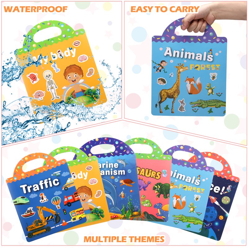 Armscye 6 Set Puffy Sticker Books for Kids 2-4, 3D Reusable Stickers Books for Toddlers 1 2 3 4, Animal+Dinosaurs+Ocean World+Space+Vehicle+Human body structure