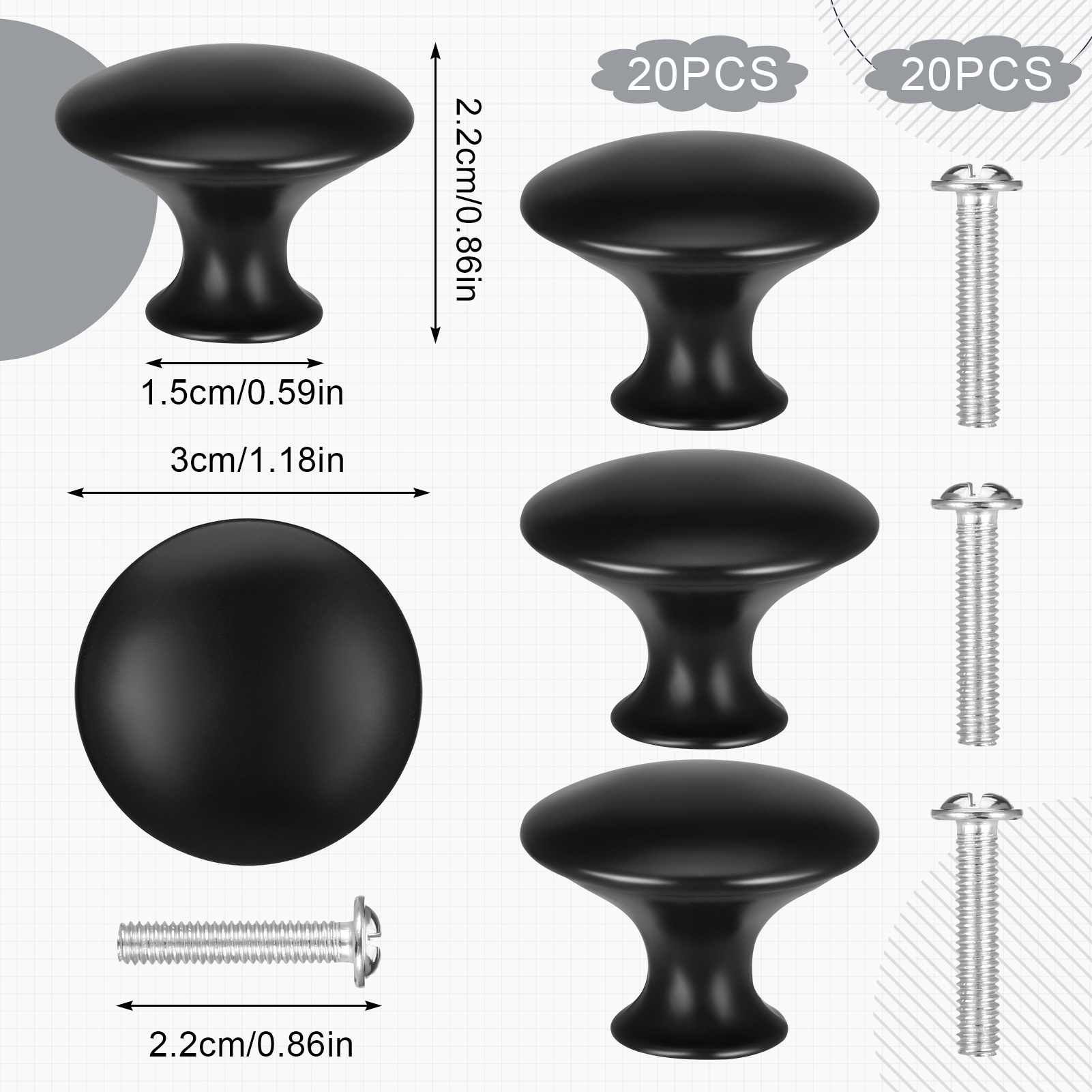 Armscye 20 Pcs Black Cabinet Door Knobs, 30mm Drawer Pulls with Screw, Round Matte Dresser Knobs, Stainless Steel Kitchen Cabinet Handles, Cabinet Hardware for Cupboard Wardrobe