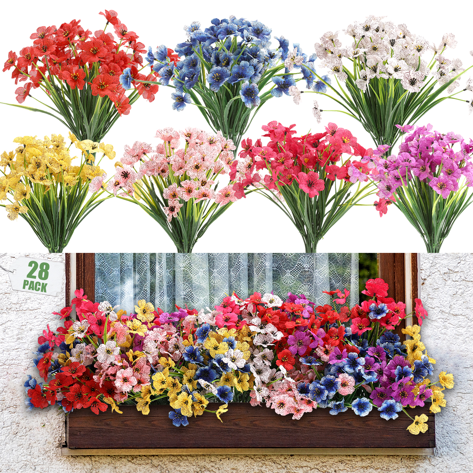 Armscye 28 Bundles Artificial Flowers for Outdoor, Not Fade Fake Plastic Flowers, Faux Plants for Decoration,Hanging Planters Indoor, Outside Garden, Window, Home, Wedding, Farmhouse