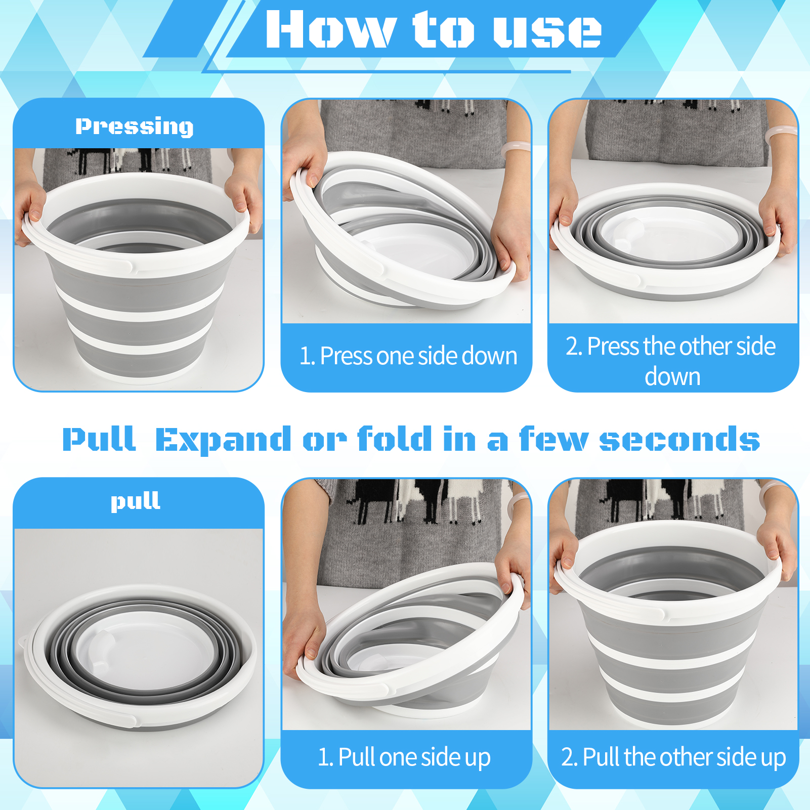 Armscye 2 pack Collapsible Buckets, 2.6 Gallon (10L) Cleaning Bucket Mop Buckets for Household, Collapsible Bucket with Handle, Essential for RV, Garden Cleaning, Car Washing, Fishing, Easy Storage