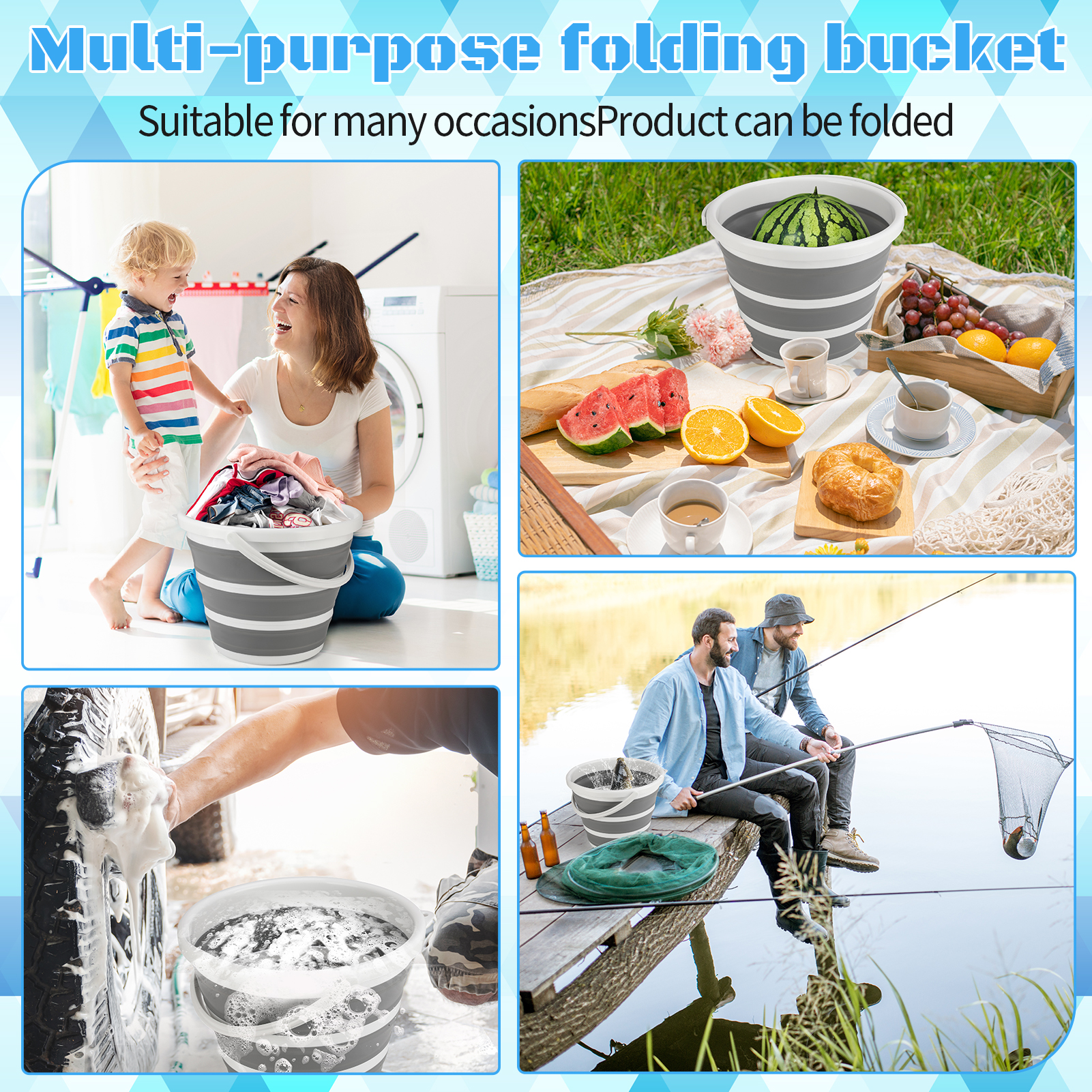 Armscye 2 pack Collapsible Buckets, 2.6 Gallon (10L) Cleaning Bucket Mop Buckets for Household, Collapsible Bucket with Handle, Essential for RV, Garden Cleaning, Car Washing, Fishing, Easy Storage