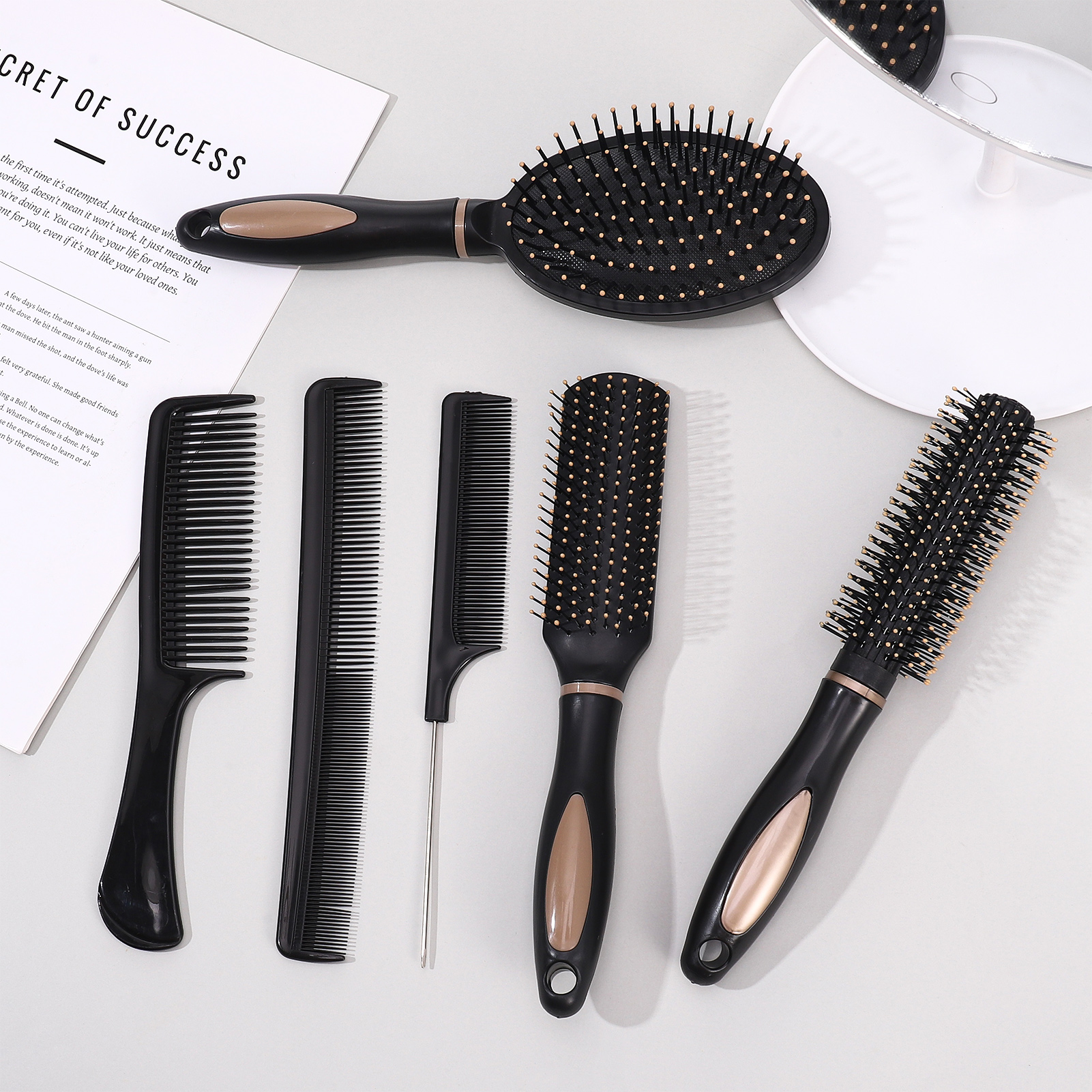 Abaima 7 Piece Styling Comb Set, Paddle Detangling Hairbrush Massage Roller Black Styling Hair Comb, Suitable for Straight Hair, Curly Hair, and All Hairstyles