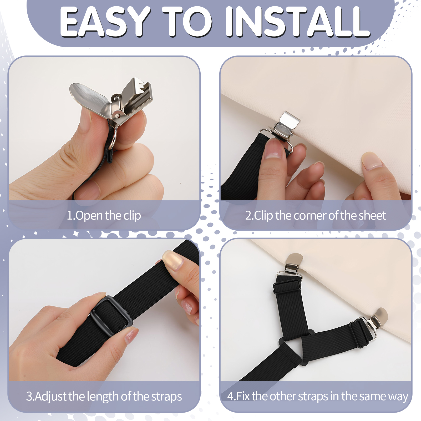 Armscye 6 Pack Adjustable 2 Way Bed Sheet Straps Clips, Elastic Bed Sheets Straps, Fitted Sheet Tightener, Mattress Sheet Corner Fasteners Holder and Suspenders