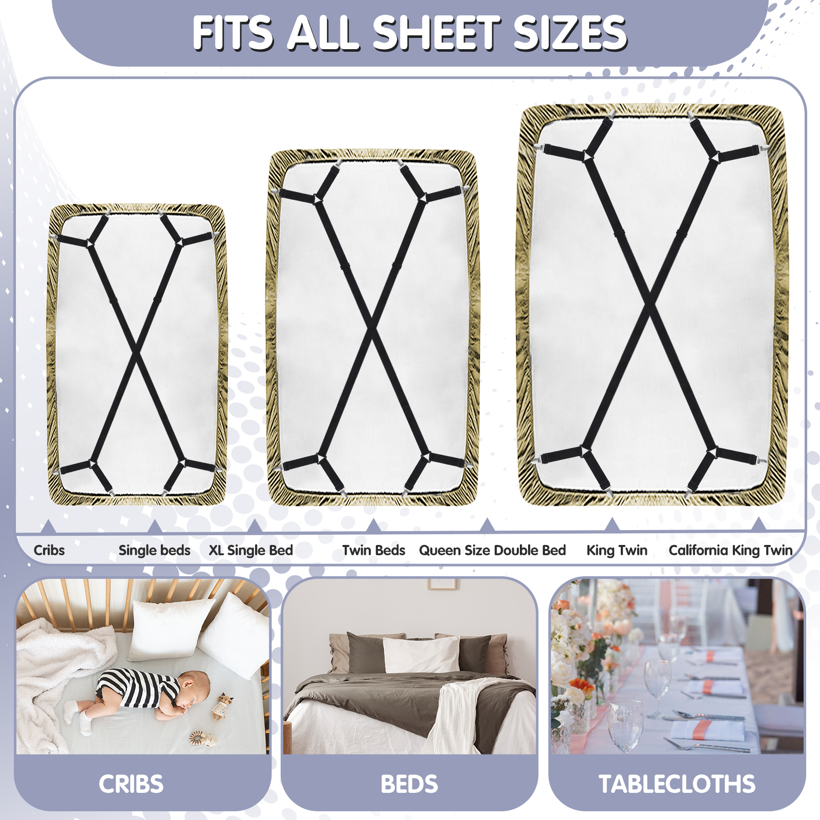 Armscye 6 Pack Adjustable 2 Way Bed Sheet Straps Clips, Elastic Bed Sheets Straps, Fitted Sheet Tightener, Mattress Sheet Corner Fasteners Holder and Suspenders