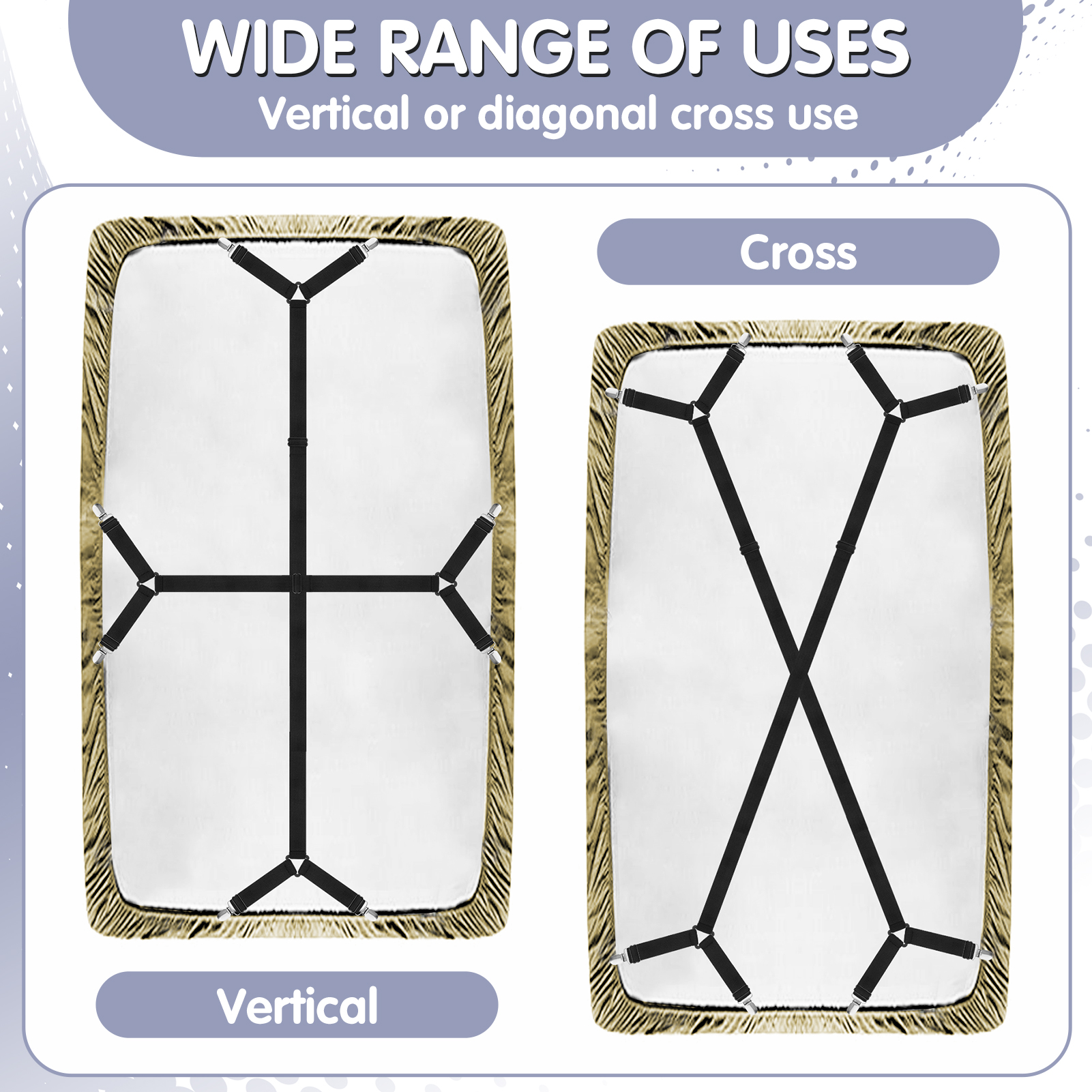 Armscye 6 Pack Adjustable 2 Way Bed Sheet Straps Clips, Elastic Bed Sheets Straps, Fitted Sheet Tightener, Mattress Sheet Corner Fasteners Holder and Suspenders