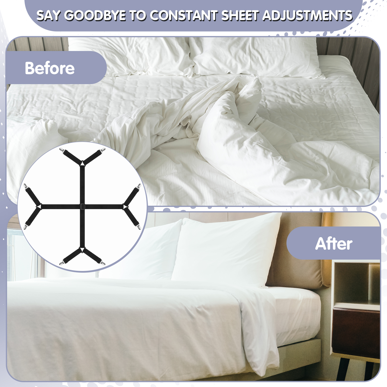 Armscye 6 Pack Adjustable 2 Way Bed Sheet Straps Clips, Elastic Bed Sheets Straps, Fitted Sheet Tightener, Mattress Sheet Corner Fasteners Holder and Suspenders