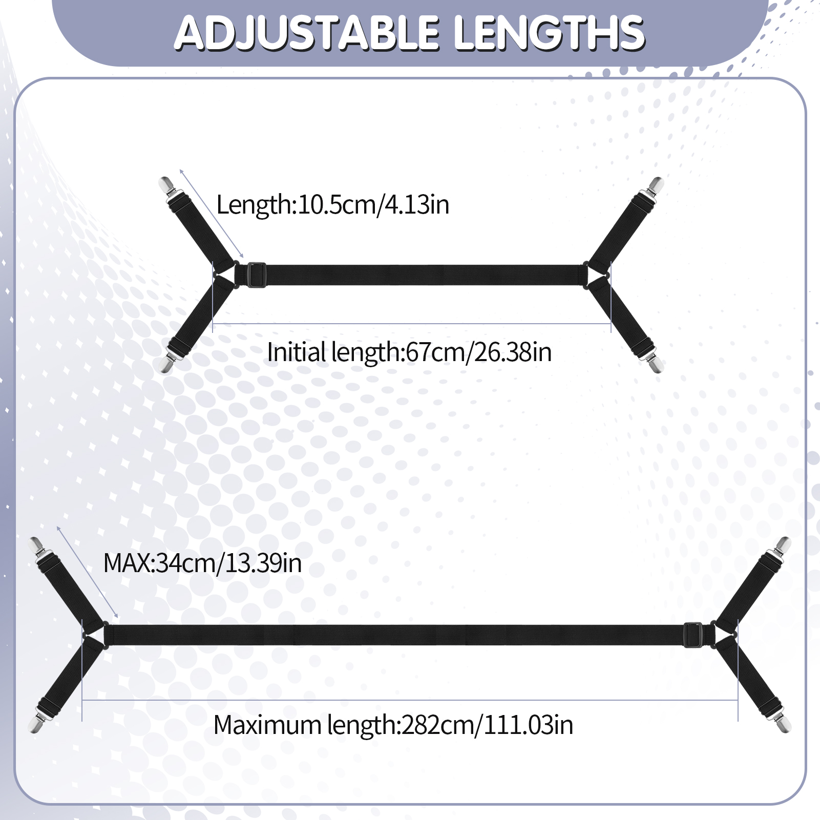 Armscye 6 Pack Adjustable 2 Way Bed Sheet Straps Clips, Elastic Bed Sheets Straps, Fitted Sheet Tightener, Mattress Sheet Corner Fasteners Holder and Suspenders