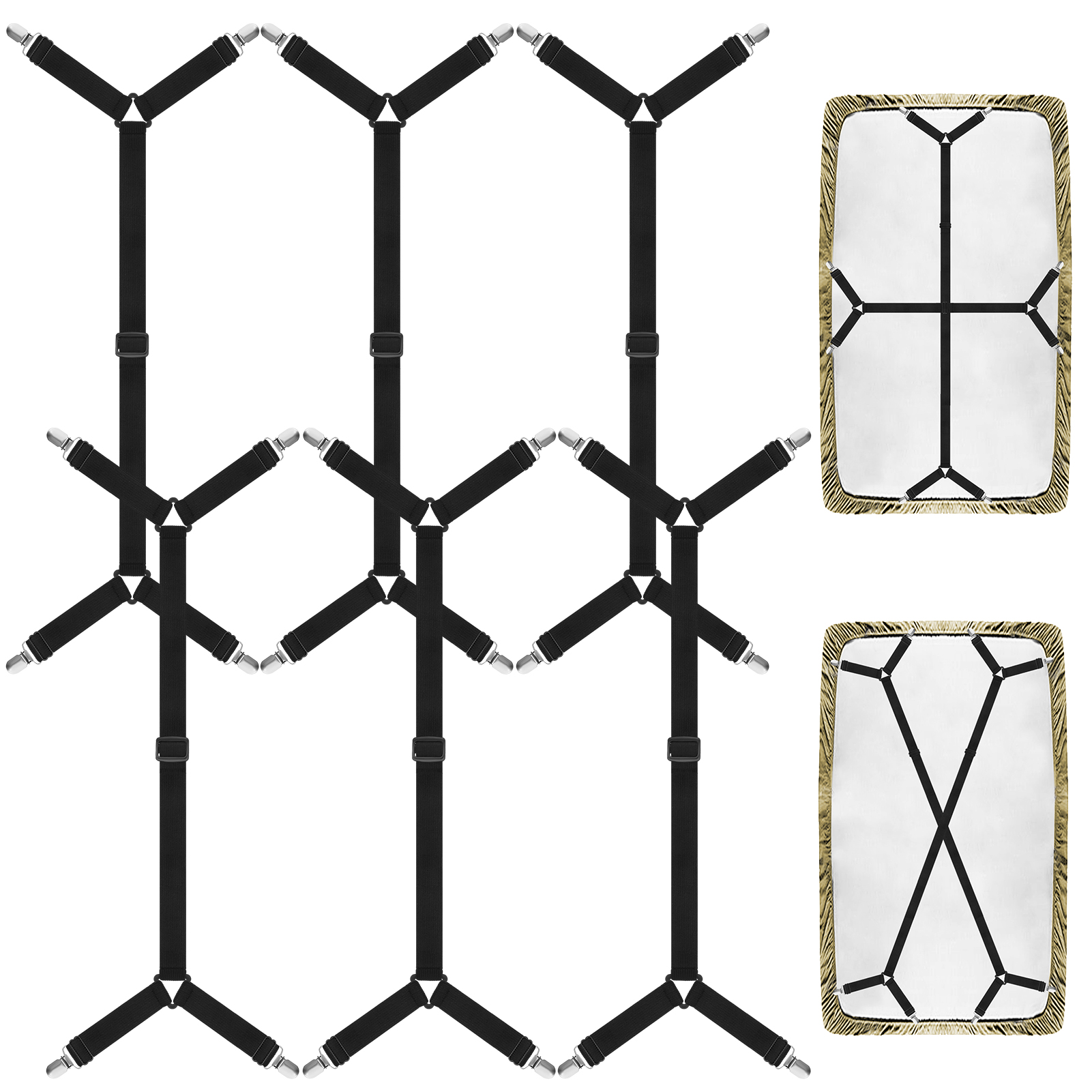 Armscye 6 Pack Adjustable 2 Way Bed Sheet Straps Clips, Elastic Bed Sheets Straps, Fitted Sheet Tightener, Mattress Sheet Corner Fasteners Holder and Suspenders