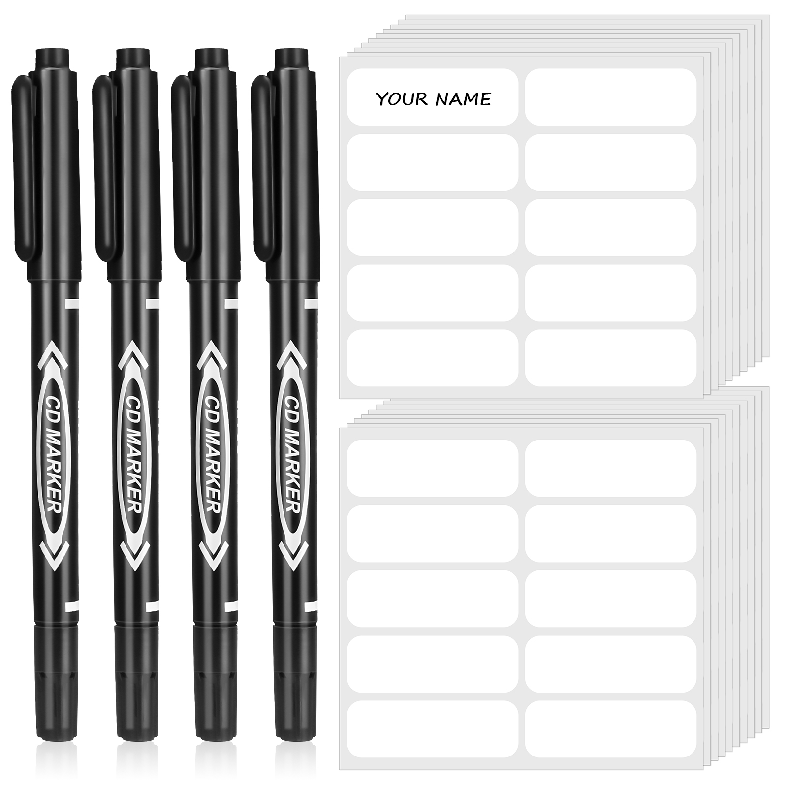 sixwipe 200 Pcs Clothing Labels with 4 Pcs Black Marker Pen, Waterproof Name Tags Stickers, No Iron Self-Stick Fabric Labels, Laundry Labels for Clothing, Bags, Bottles,Toys