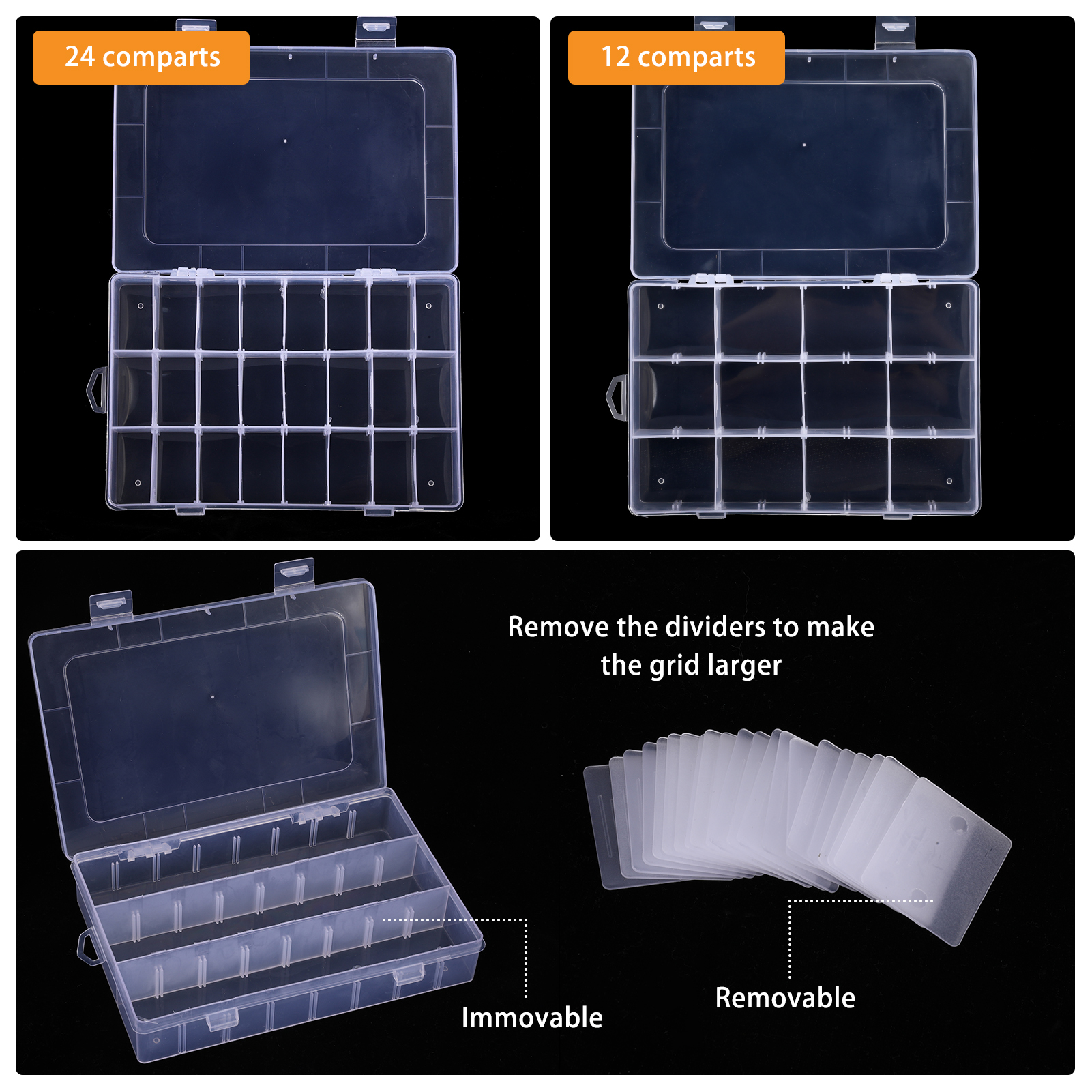 Armscye 4 Pack Bead Organizers - 24 Grids Small Plastic Jewelry Storage Box with Removable Dividers & Transparent Lid, Stackable Craft Organizer for Beads, Earrings, DIY Supplies, and Travel Storage