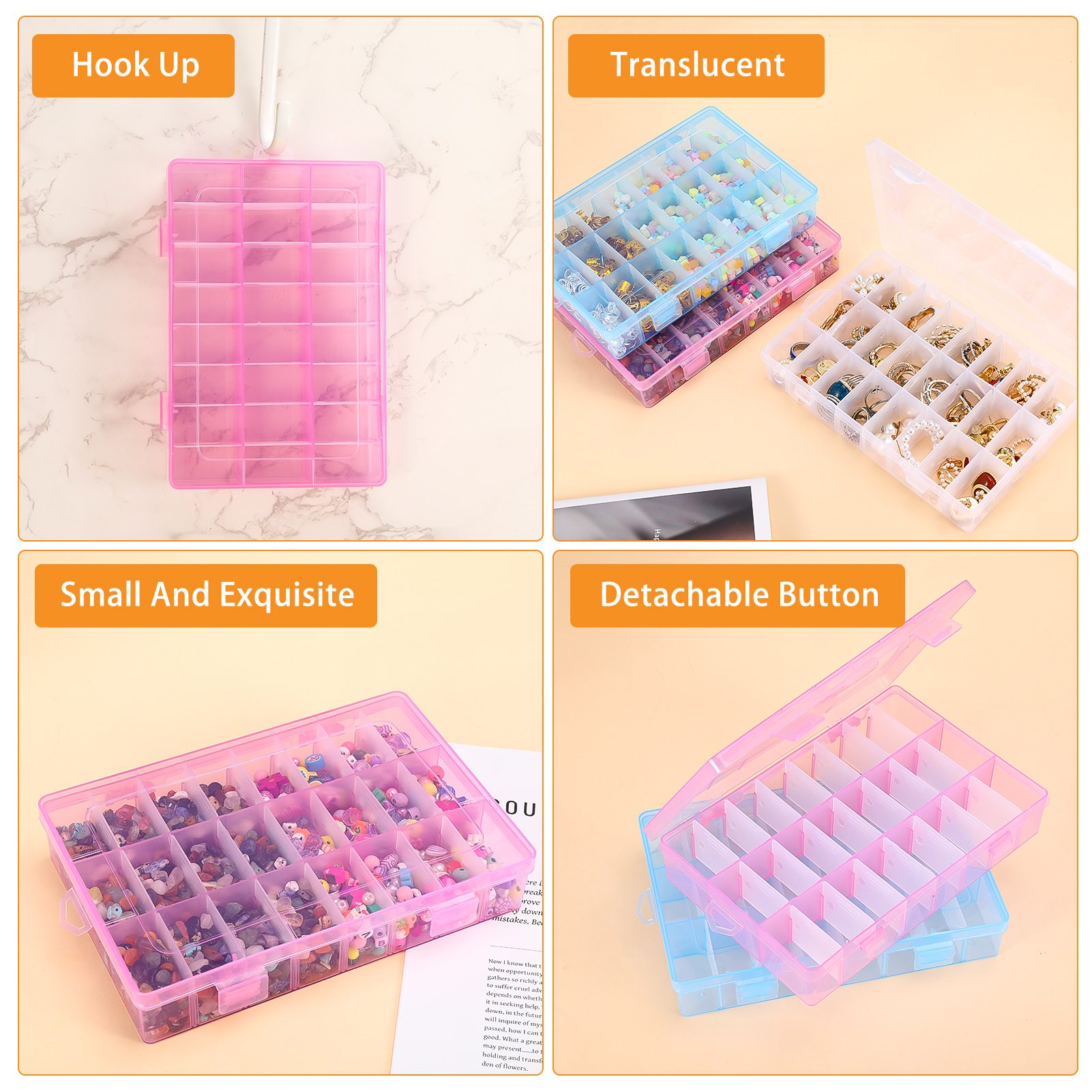 Armscye 4 Pack Bead Organizers - 24 Grids Small Plastic Jewelry Storage Box with Removable Dividers & Transparent Lid, Stackable Craft Organizer for Beads, Earrings, DIY Supplies, and Travel Storage