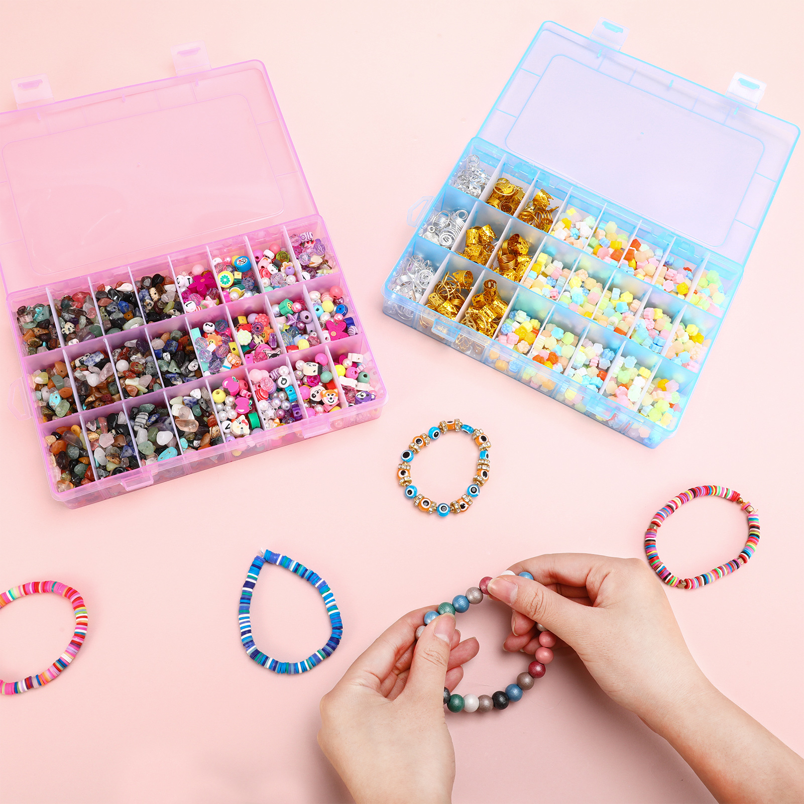 Armscye 4 Pack Bead Organizers - 24 Grids Small Plastic Jewelry Storage Box with Removable Dividers & Transparent Lid, Stackable Craft Organizer for Beads, Earrings, DIY Supplies, and Travel Storage