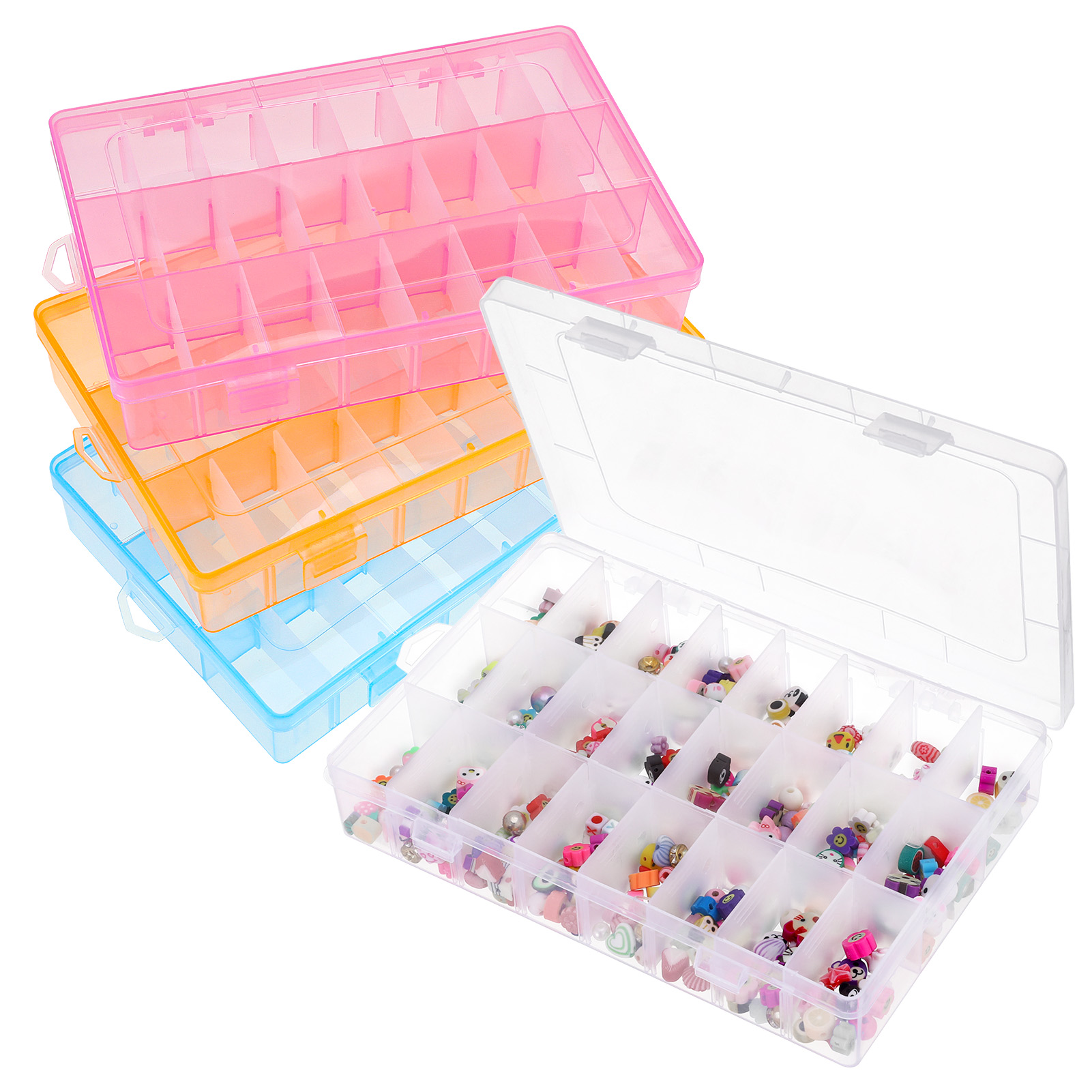 Armscye 4 Pack Bead Organizers - 24 Grids Small Plastic Jewelry Storage Box with Removable Dividers & Transparent Lid, Stackable Craft Organizer for Beads, Earrings, DIY Supplies, and Travel Storage