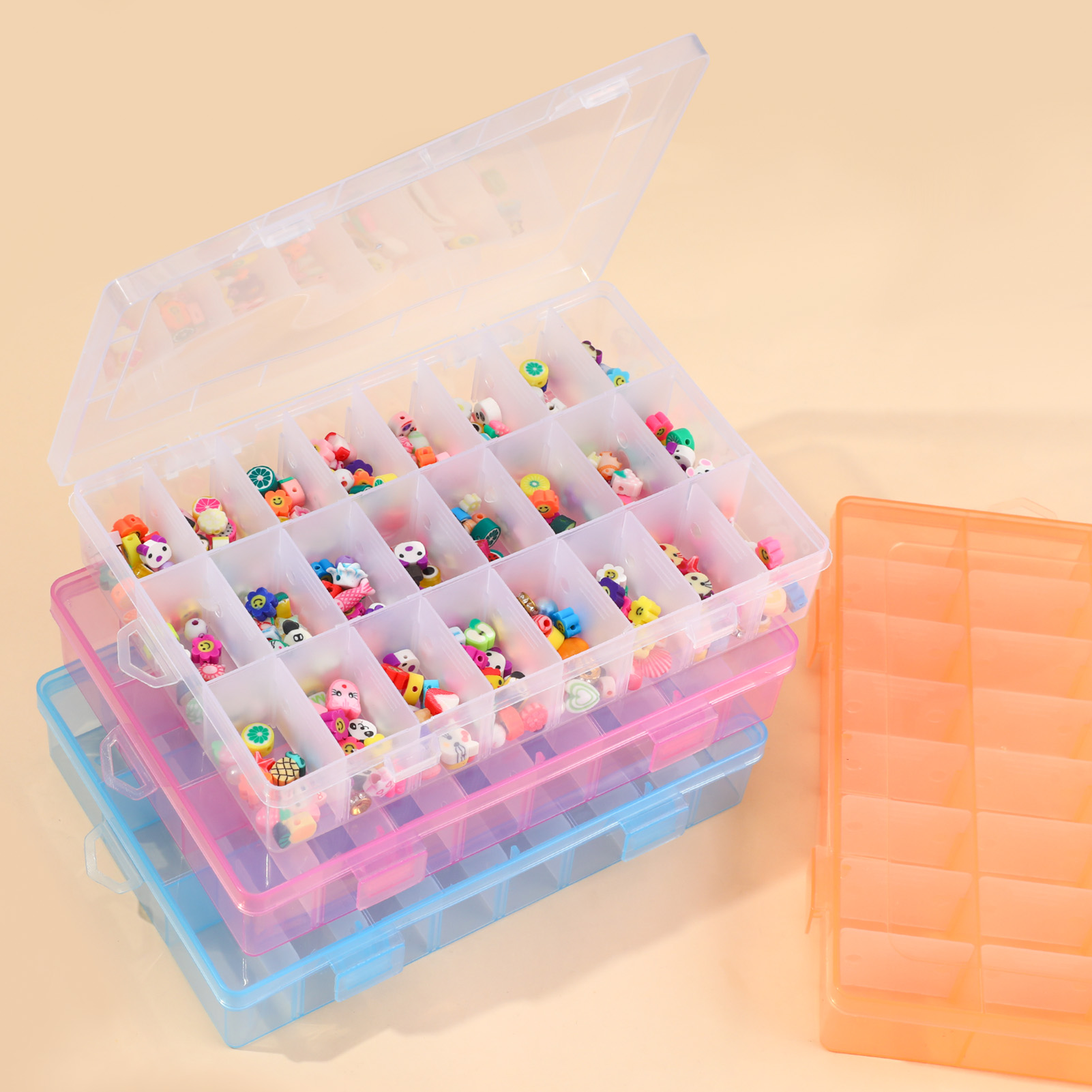 Armscye 4 Pack Bead Organizers - 24 Grids Small Plastic Jewelry Storage Box with Removable Dividers & Transparent Lid, Stackable Craft Organizer for Beads, Earrings, DIY Supplies, and Travel Storage