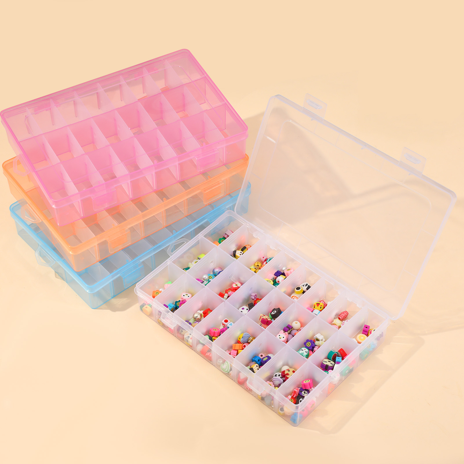 Armscye 4 Pack Bead Organizers - 24 Grids Small Plastic Jewelry Storage Box with Removable Dividers & Transparent Lid, Stackable Craft Organizer for Beads, Earrings, DIY Supplies, and Travel Storage