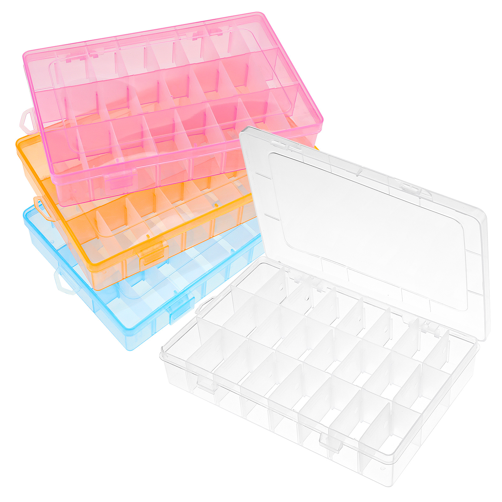 Armscye 4 Pack Bead Organizers - 24 Grids Small Plastic Jewelry Storage Box with Removable Dividers & Transparent Lid, Stackable Craft Organizer for Beads, Earrings, DIY Supplies, and Travel Storage