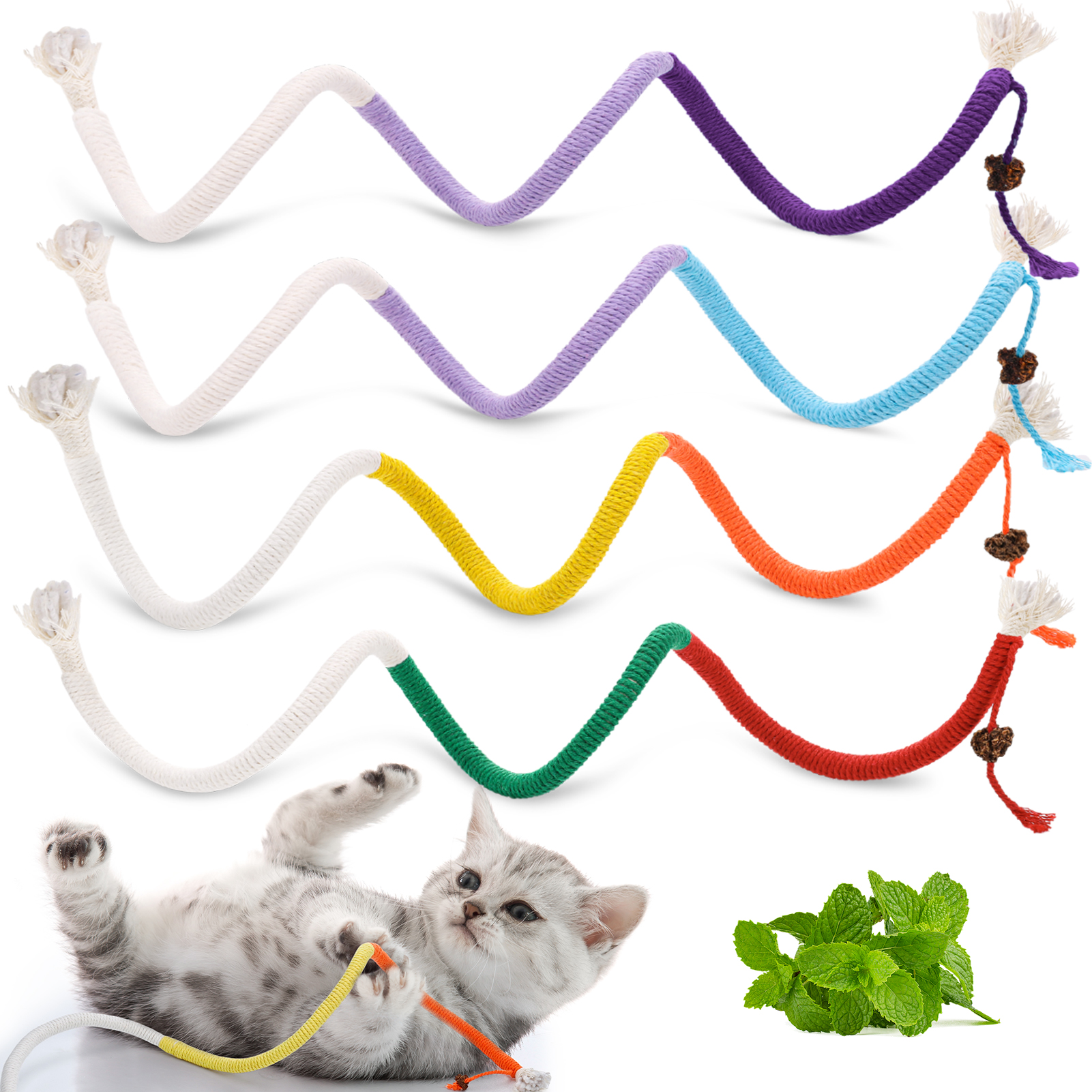 shuaien 4 Pack Rope Cat Toys for Indoor Cats, 27.56 Inches Kitty Chew Toys, Interactive Cat String Toy, Catnip Chew Toys for Teeth Cleaning