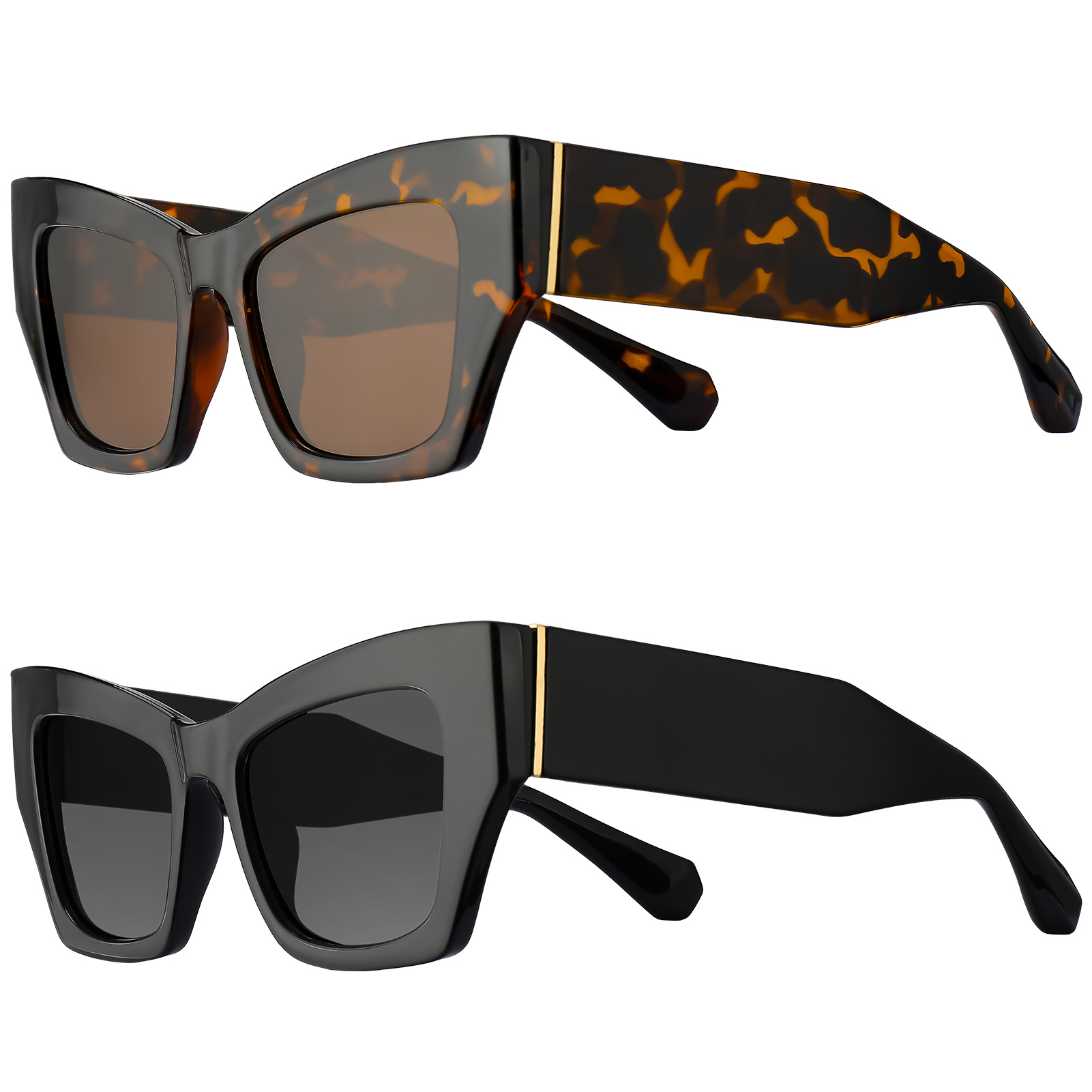 Bocaoying 2 Pack Retro Cat Eye Sunglasses for Women Polarized Cateye Frames, Y2K Trendy Sun Glasses with Narrow Square Thick Chunky Frame