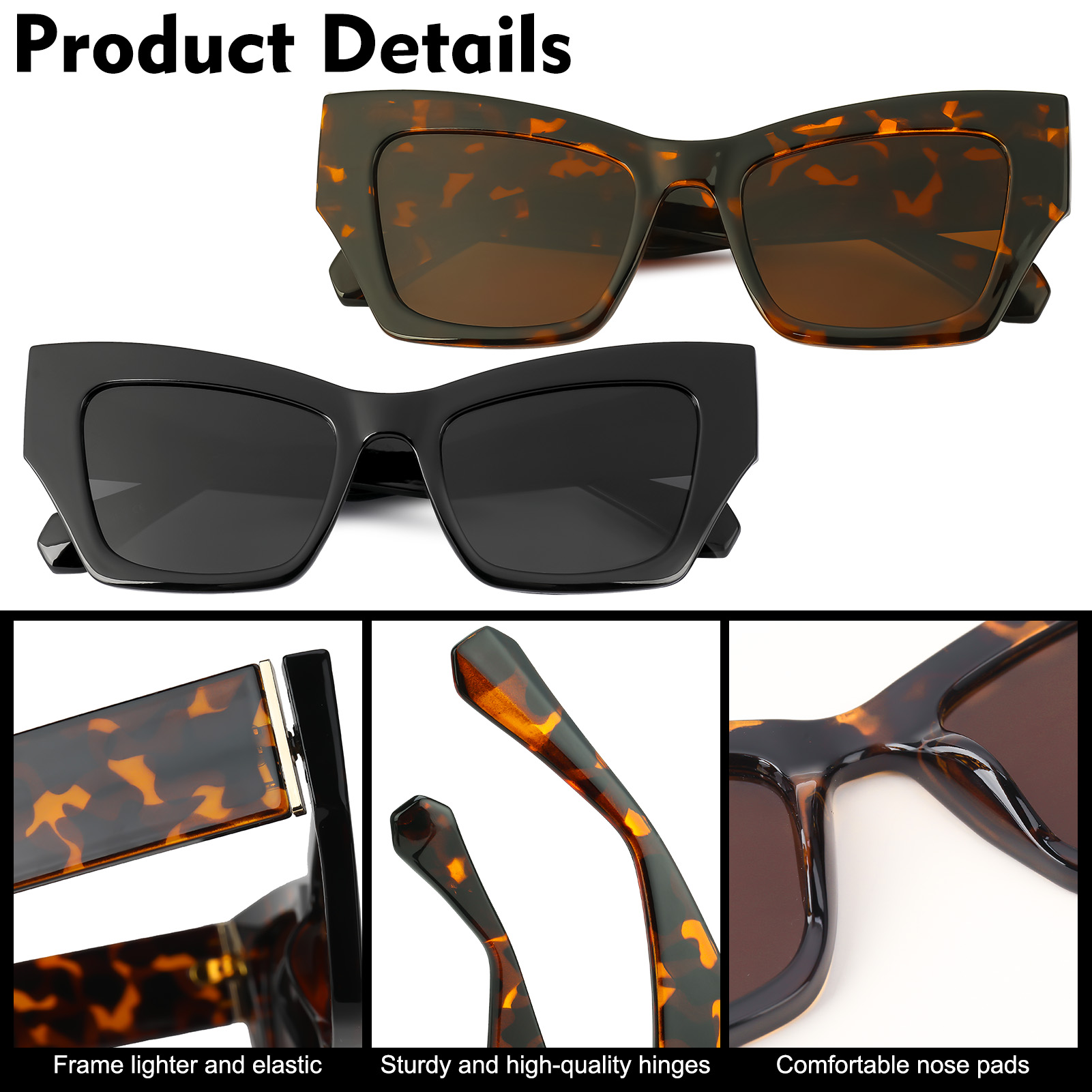 Bocaoying 2 Pack Retro Cat Eye Sunglasses for Women Polarized Cateye Frames, Y2K Trendy Sun Glasses with Narrow Square Thick Chunky Frame