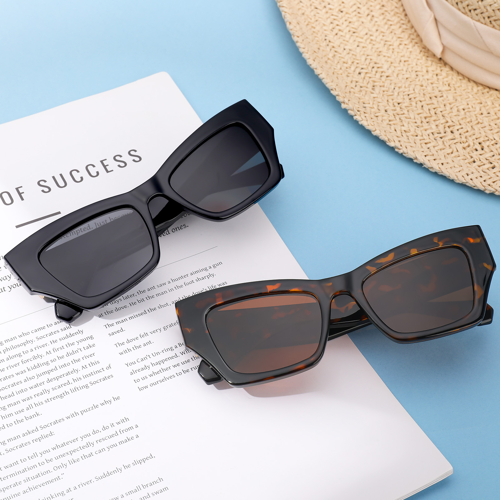 Bocaoying 2 Pack Retro Cat Eye Sunglasses for Women Polarized Cateye Frames, Y2K Trendy Sun Glasses with Narrow Square Thick Chunky Frame