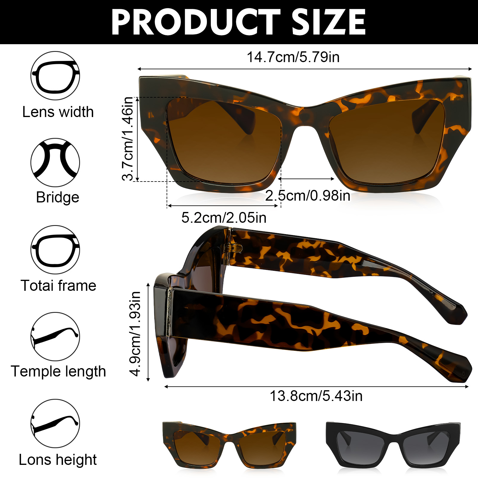 Bocaoying 2 Pack Retro Cat Eye Sunglasses for Women Polarized Cateye Frames, Y2K Trendy Sun Glasses with Narrow Square Thick Chunky Frame