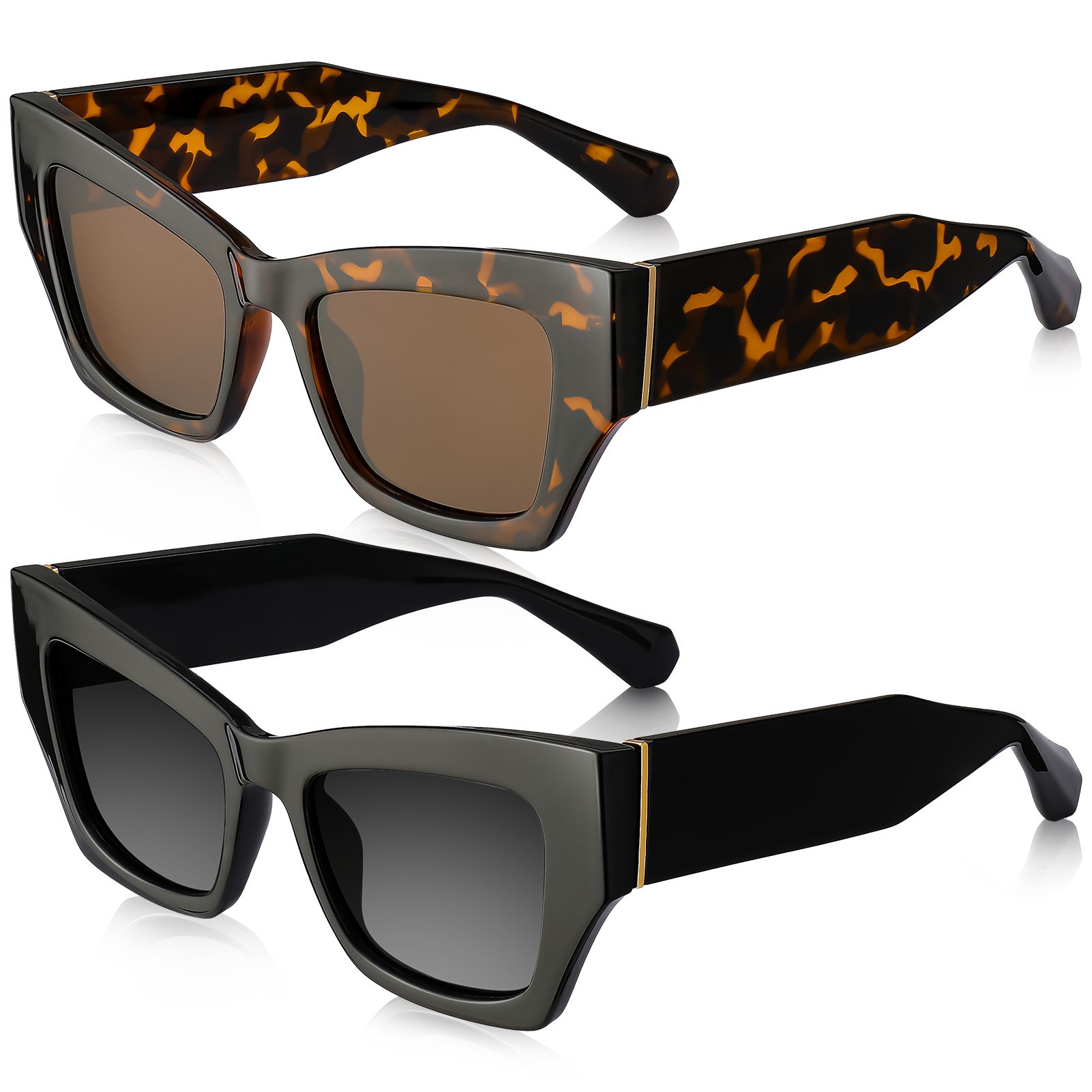 Bocaoying 2 Pack Retro Cat Eye Sunglasses for Women Polarized Cateye Frames, Y2K Trendy Sun Glasses with Narrow Square Thick Chunky Frame