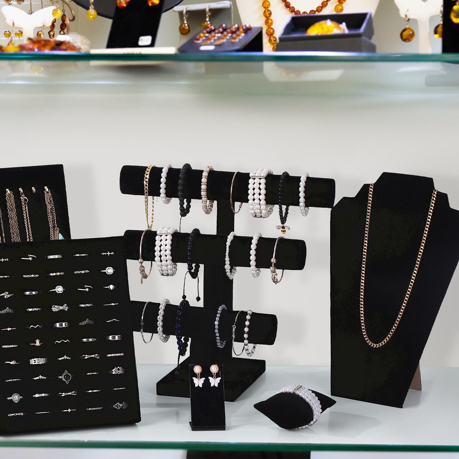 Bocaoying 20 Pcs Velvet Jewelry Display Set, Necklaces Rings Earrings Watches and Bracelets Display Stand, 3 Tier T-Shaped Stand, Jewelry Organizer and Storage for Home Store Show