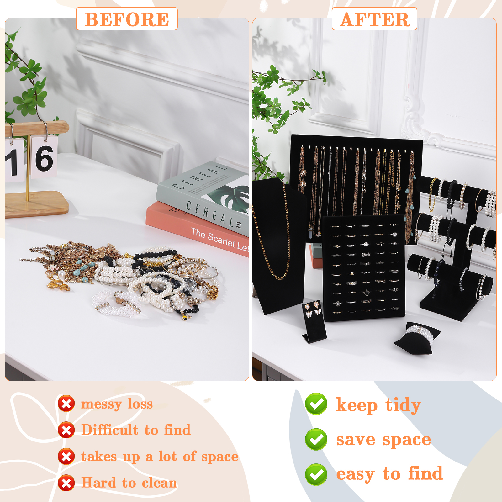 Bocaoying 20 Pcs Velvet Jewelry Display Set, Necklaces Rings Earrings Watches and Bracelets Display Stand, 3 Tier T-Shaped Stand, Jewelry Organizer and Storage for Home Store Show