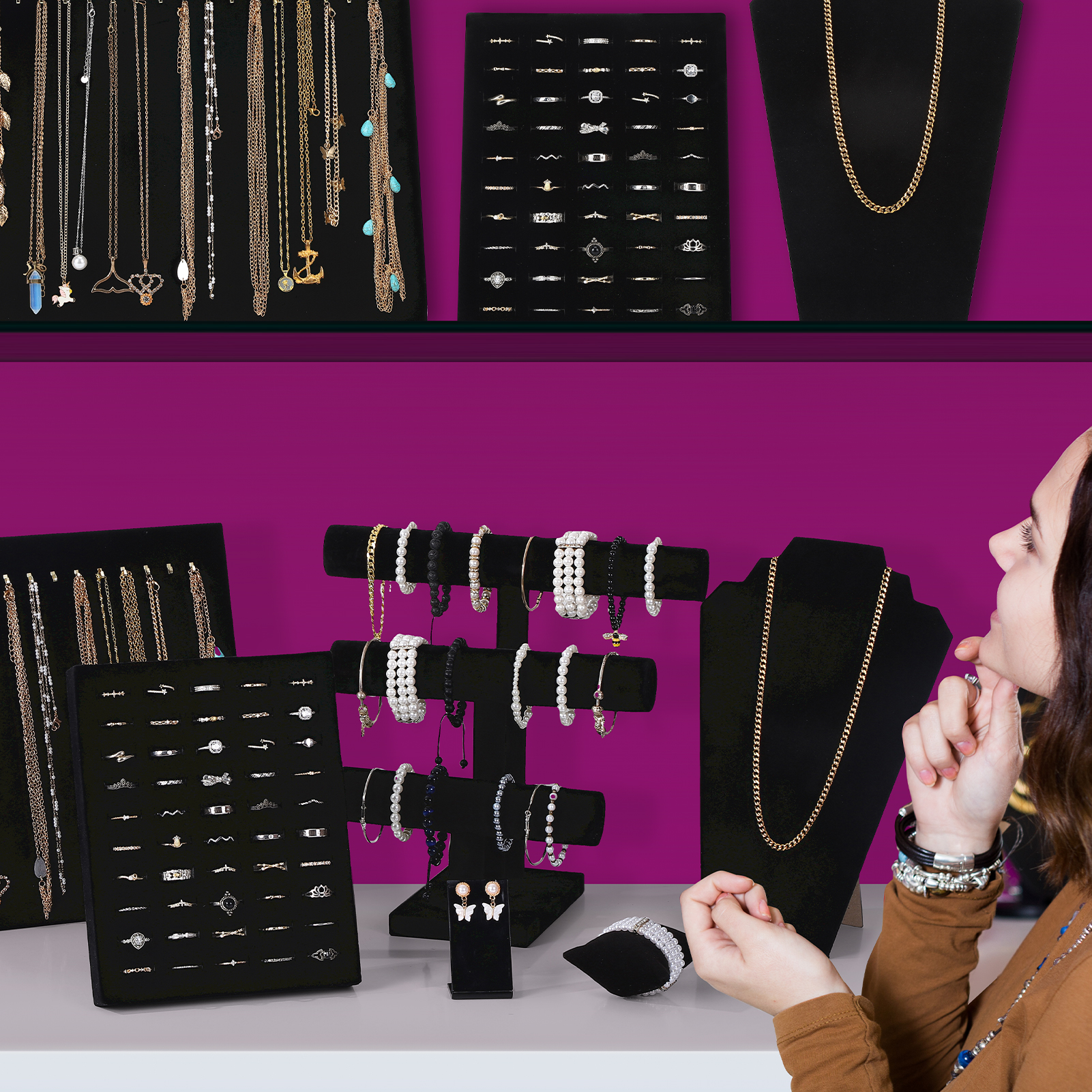Bocaoying 20 Pcs Velvet Jewelry Display Set, Necklaces Rings Earrings Watches and Bracelets Display Stand, 3 Tier T-Shaped Stand, Jewelry Organizer and Storage for Home Store Show